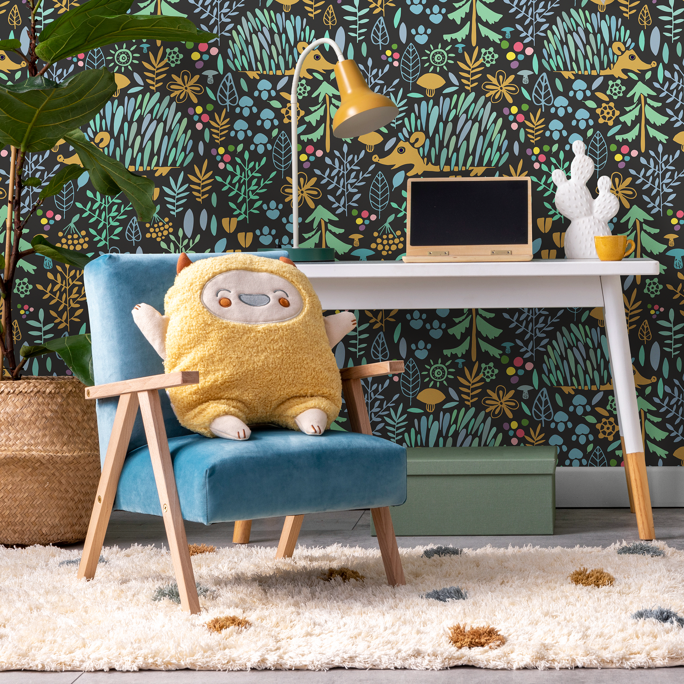 Woodland Wallpaper With Foxes And Flora In Blue, Yellow, And Green - C044