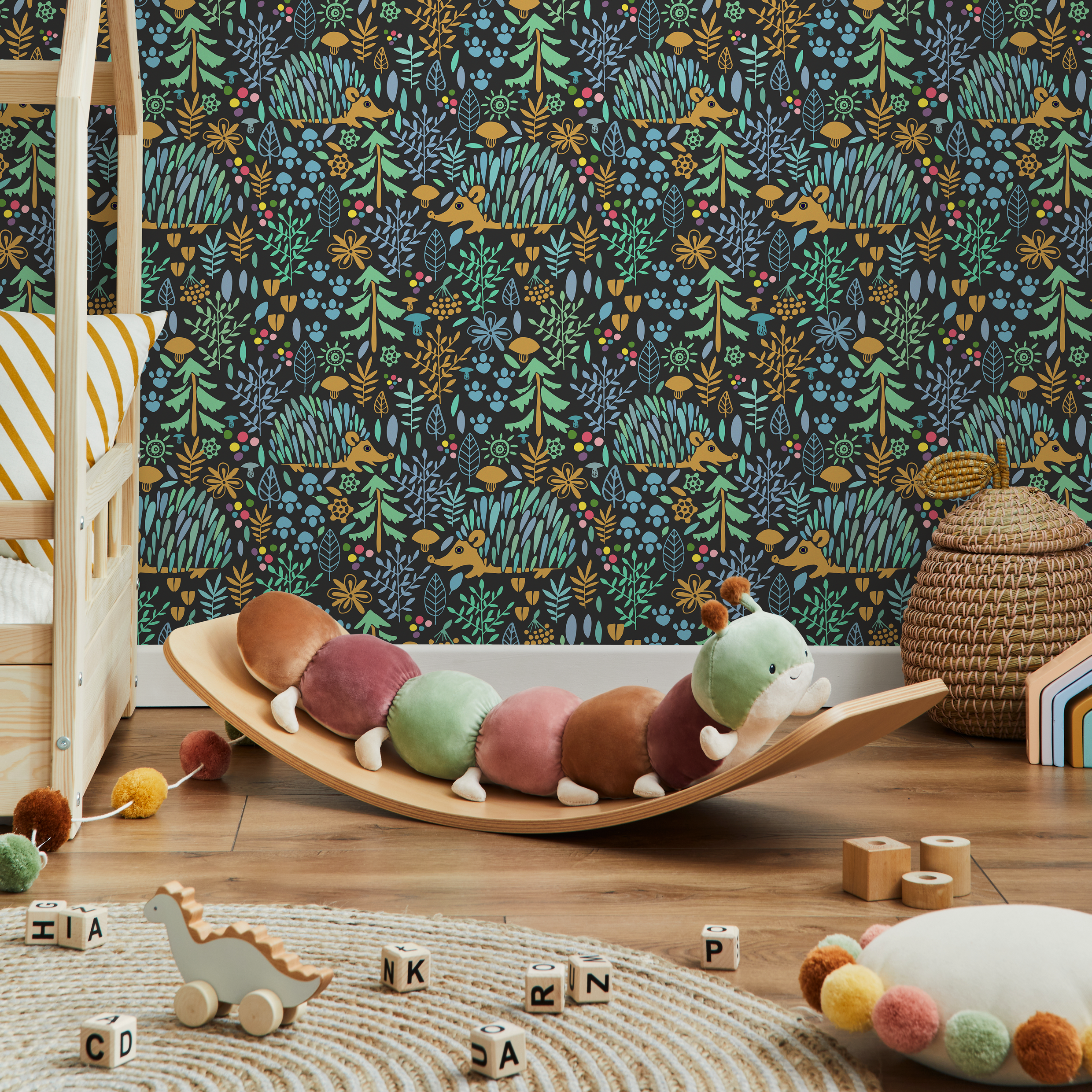 Woodland Wallpaper With Foxes And Flora In Blue, Yellow, And Green - C044