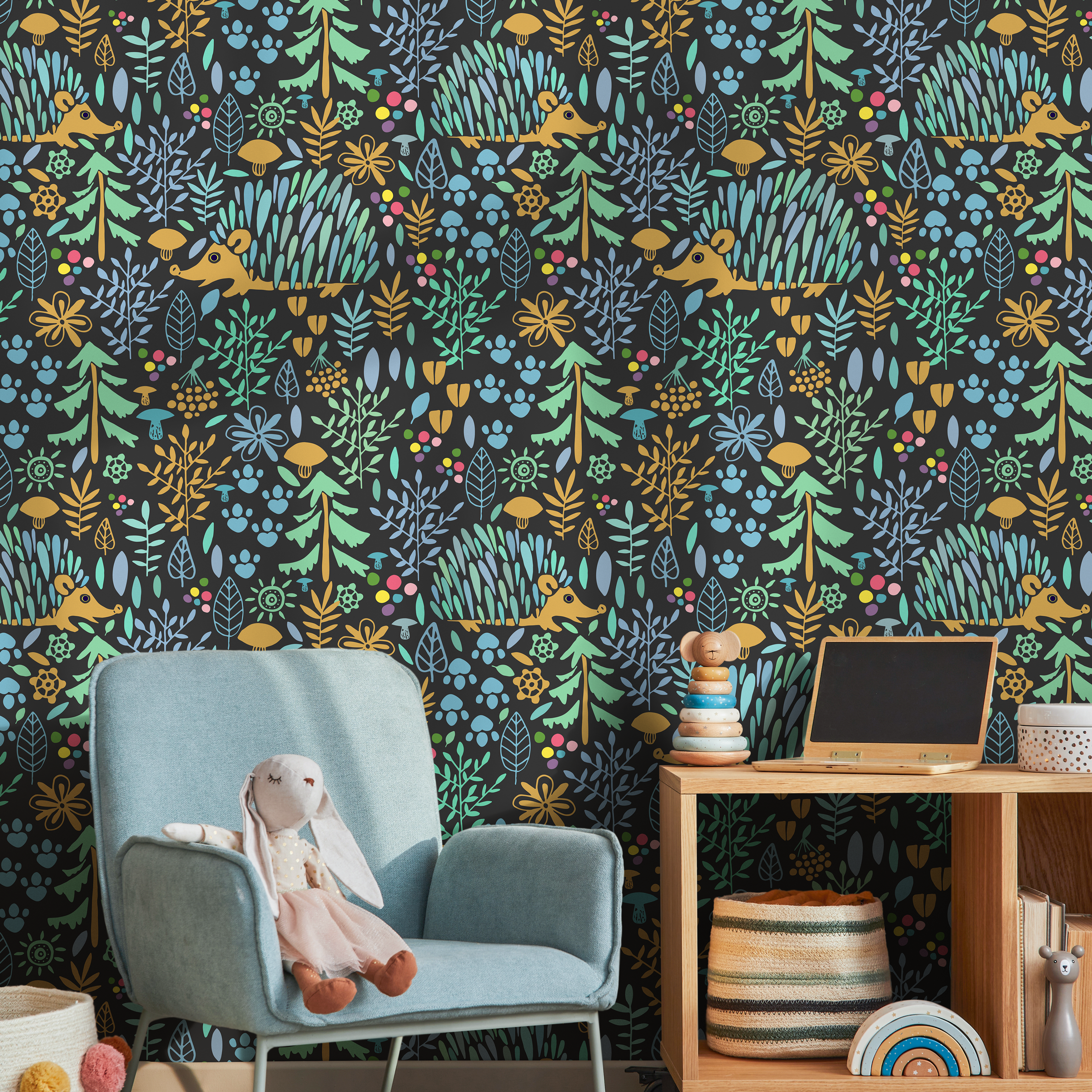 Woodland Wallpaper With Foxes And Flora In Blue, Yellow, And Green - C044