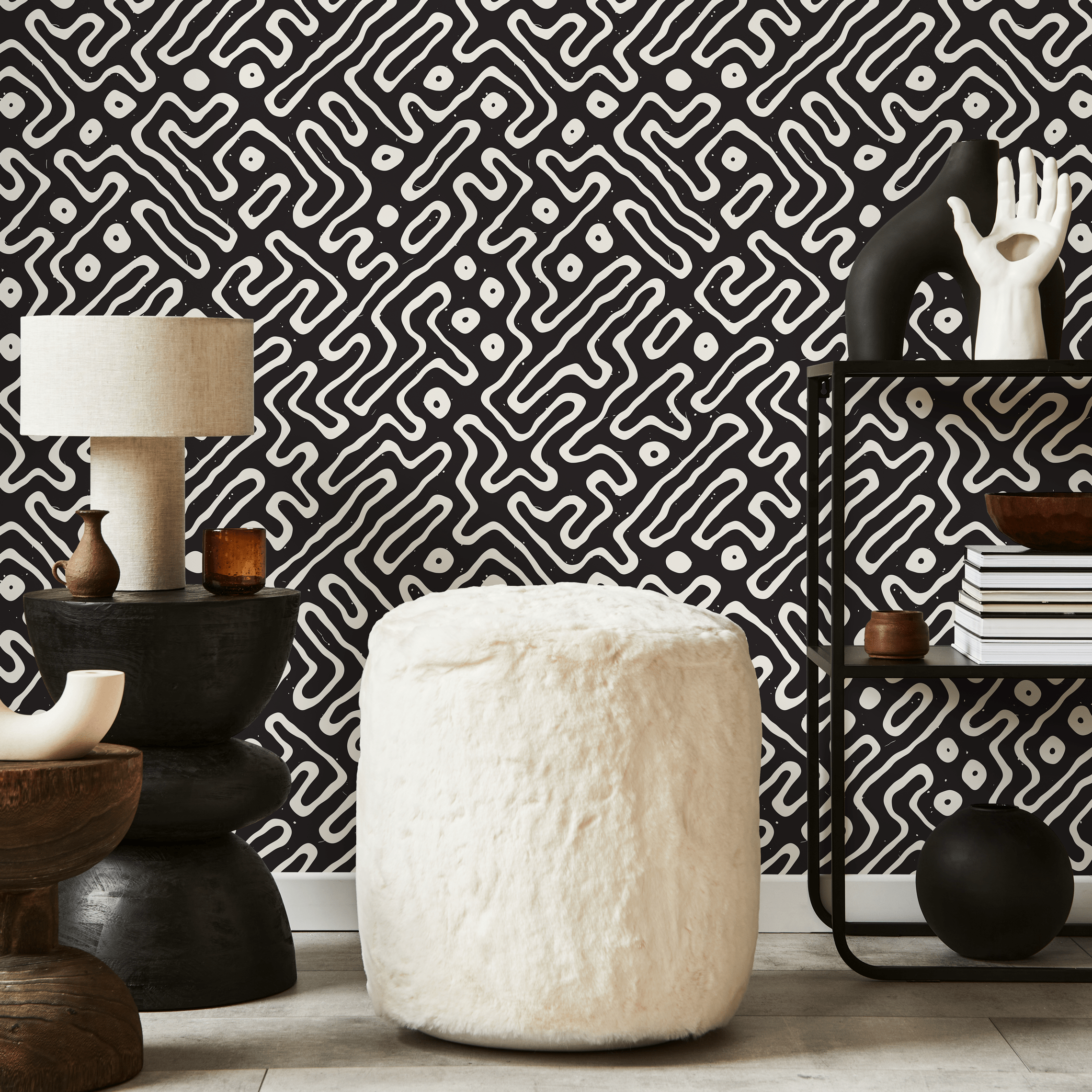 Abstract Wallpaper With A Hand-drawn Maze Motif In Black And White - C045