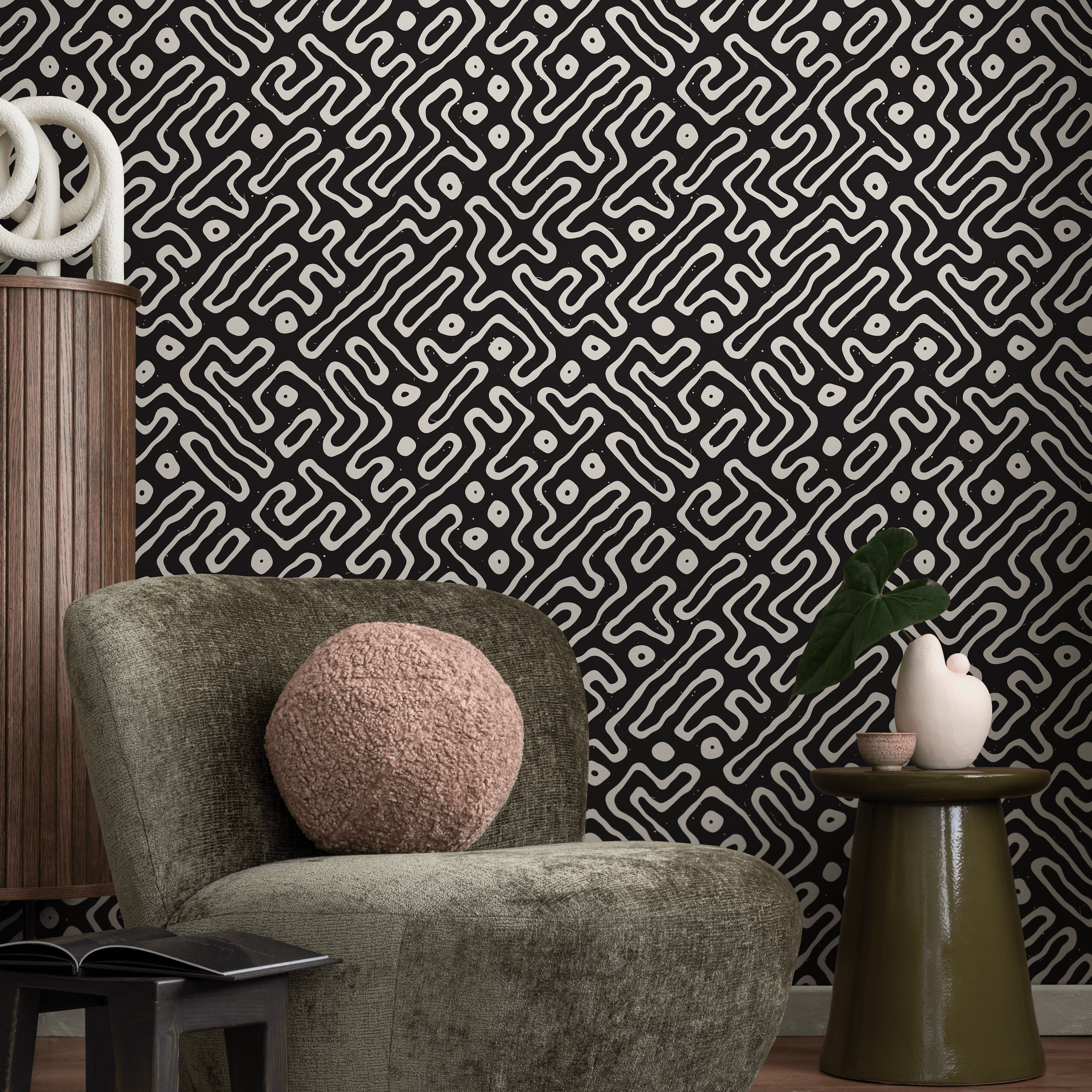 Abstract Wallpaper With A Hand-drawn Maze Motif In Black And White - C045