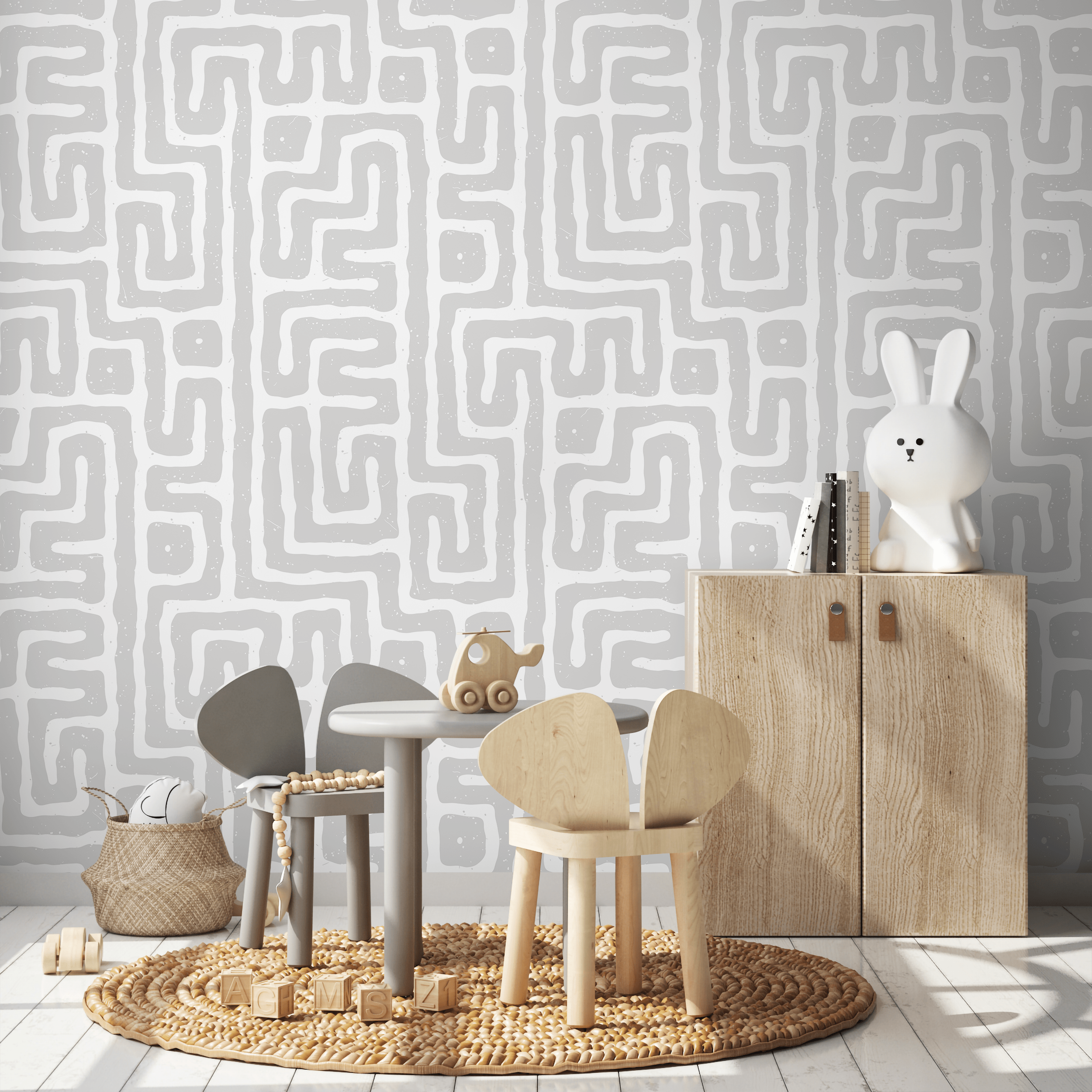 Geometric Wallpaper With A Hand-drawn Labyrinth Motif In Light Grey - C046