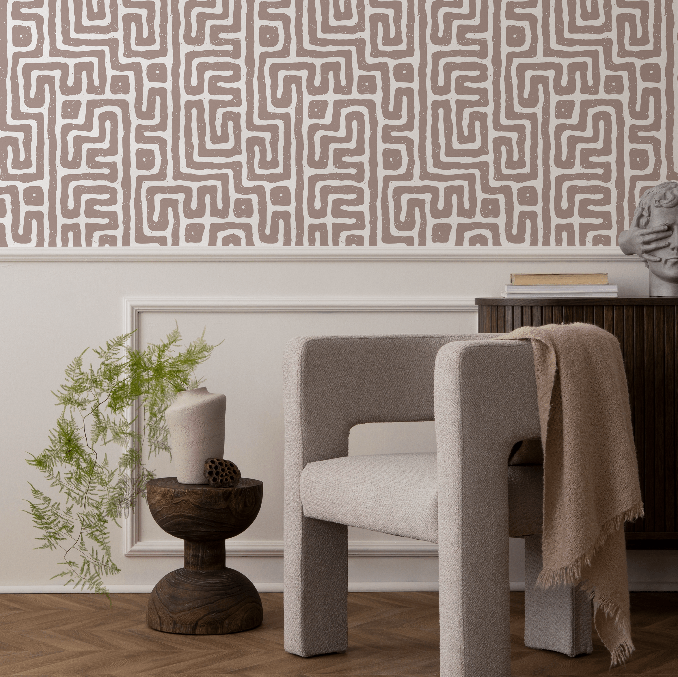 Geometric Wallpaper With A Tribal Labyrinth Motif In Brown And White - C047