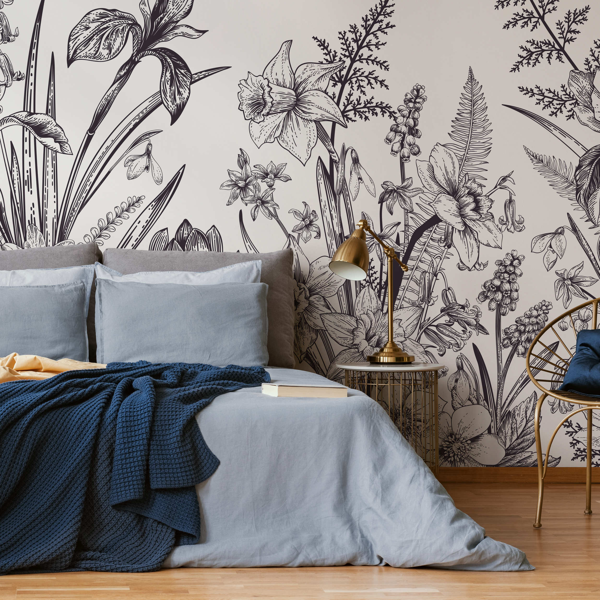 Botanical Wallpaper With Vintage Spring Flowers In Black And White - C049