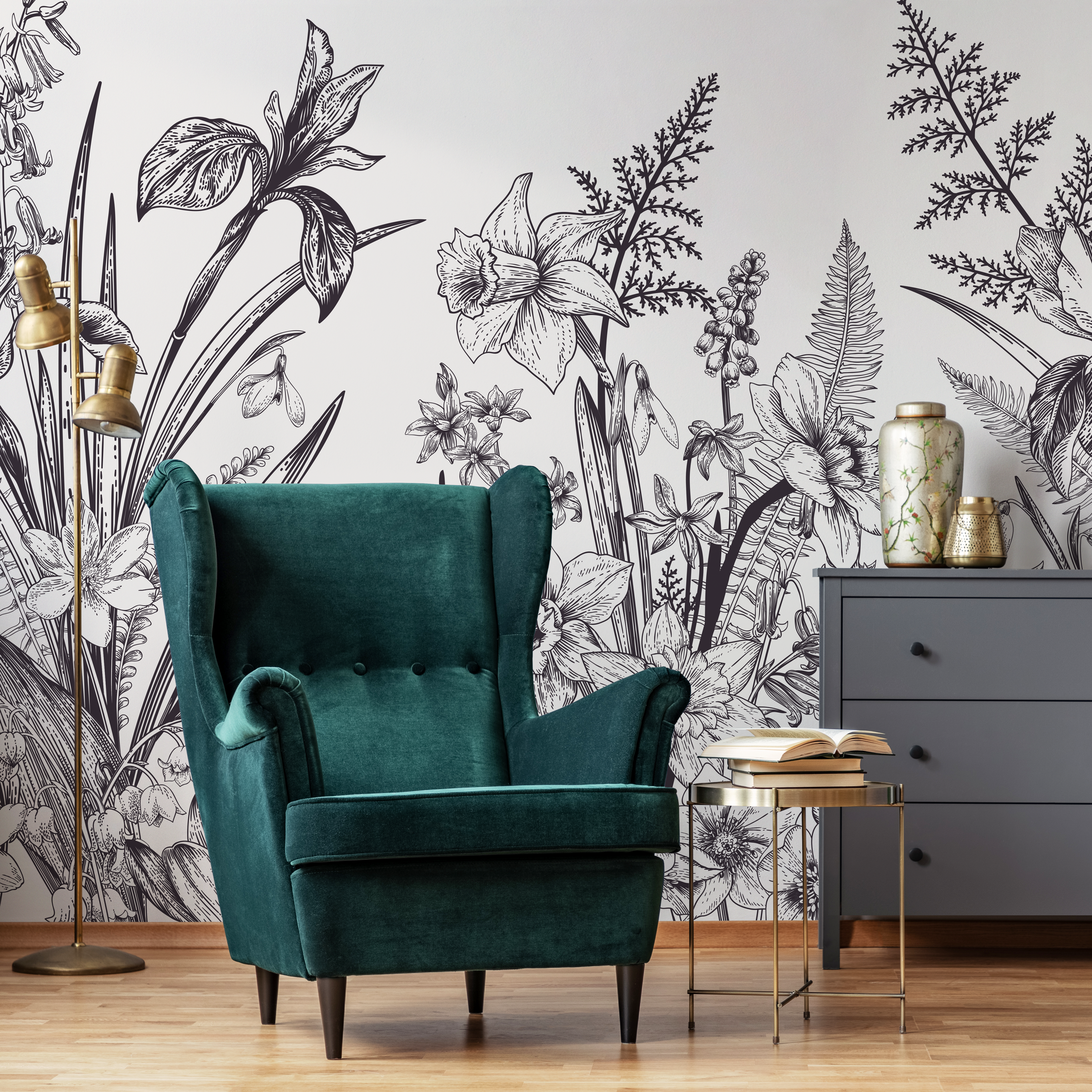 Botanical Wallpaper With Vintage Spring Flowers In Black And White - C049