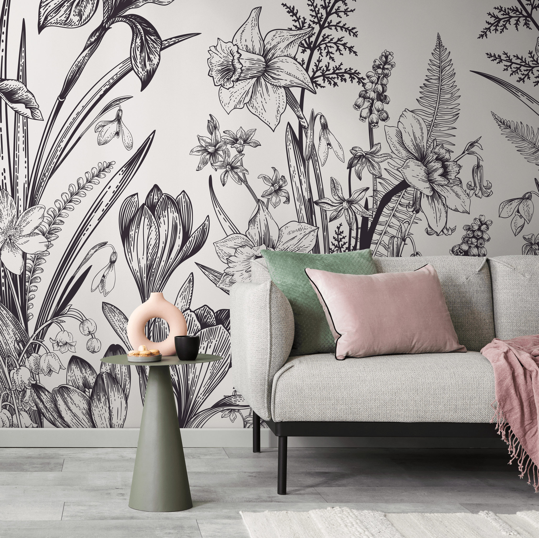 Botanical Wallpaper With Vintage Spring Flowers In Black And White - C049