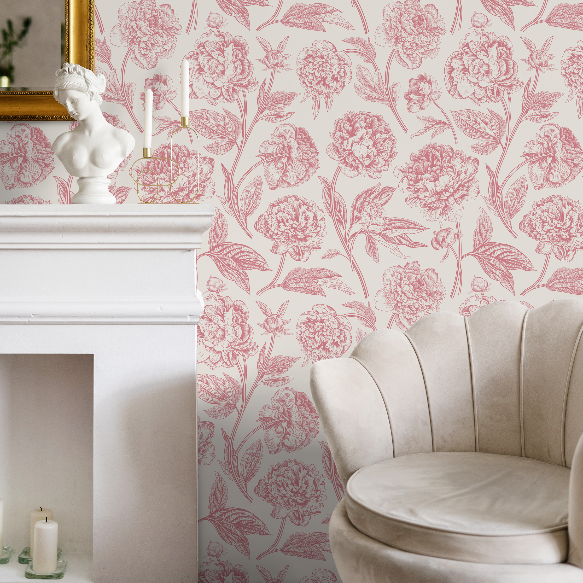 Floral Wallpaper With Vintage Peony Blooms In Pink And Cream - C052