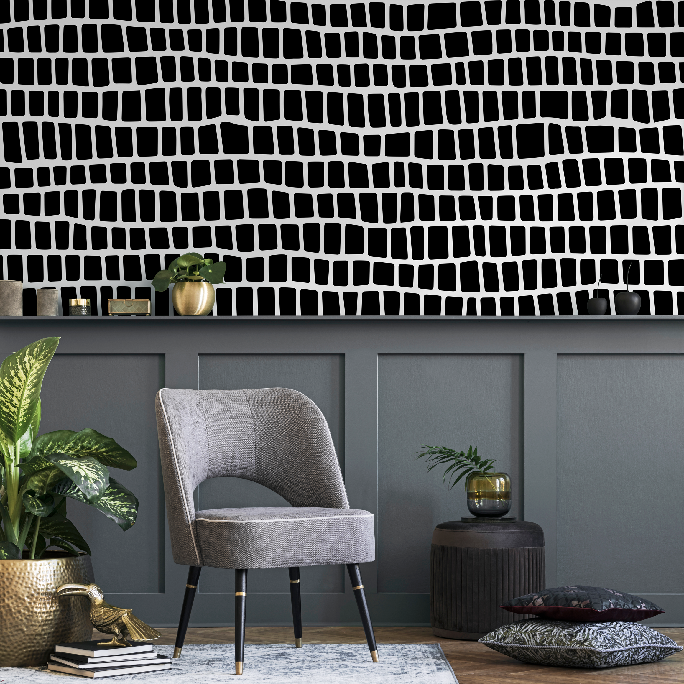 Geometric Wallpaper Featuring An Irregular Block Print In Black And White - C054