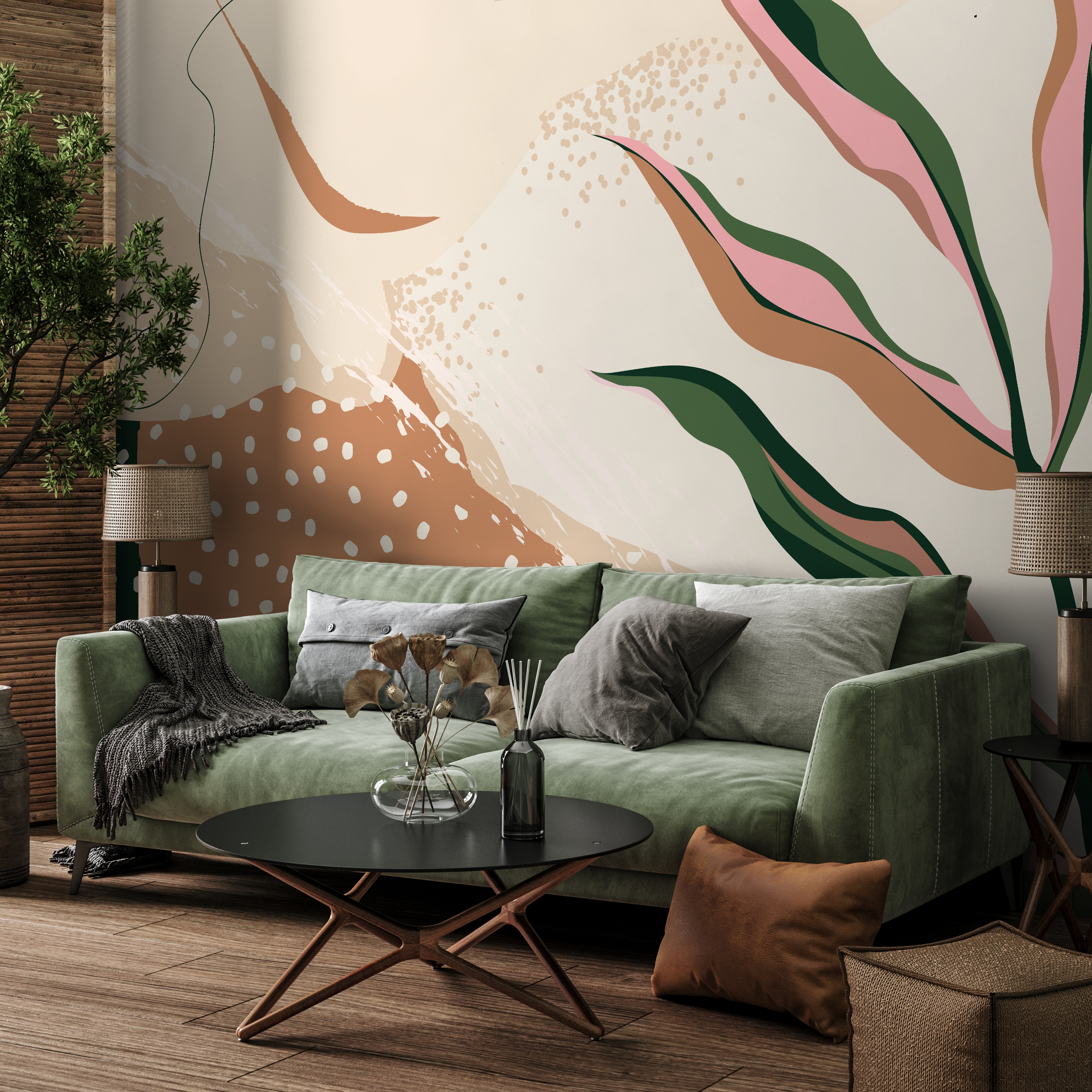 Abstract Wallpaper With Botanical Shapes In Terracotta, Green, And Pink - C055