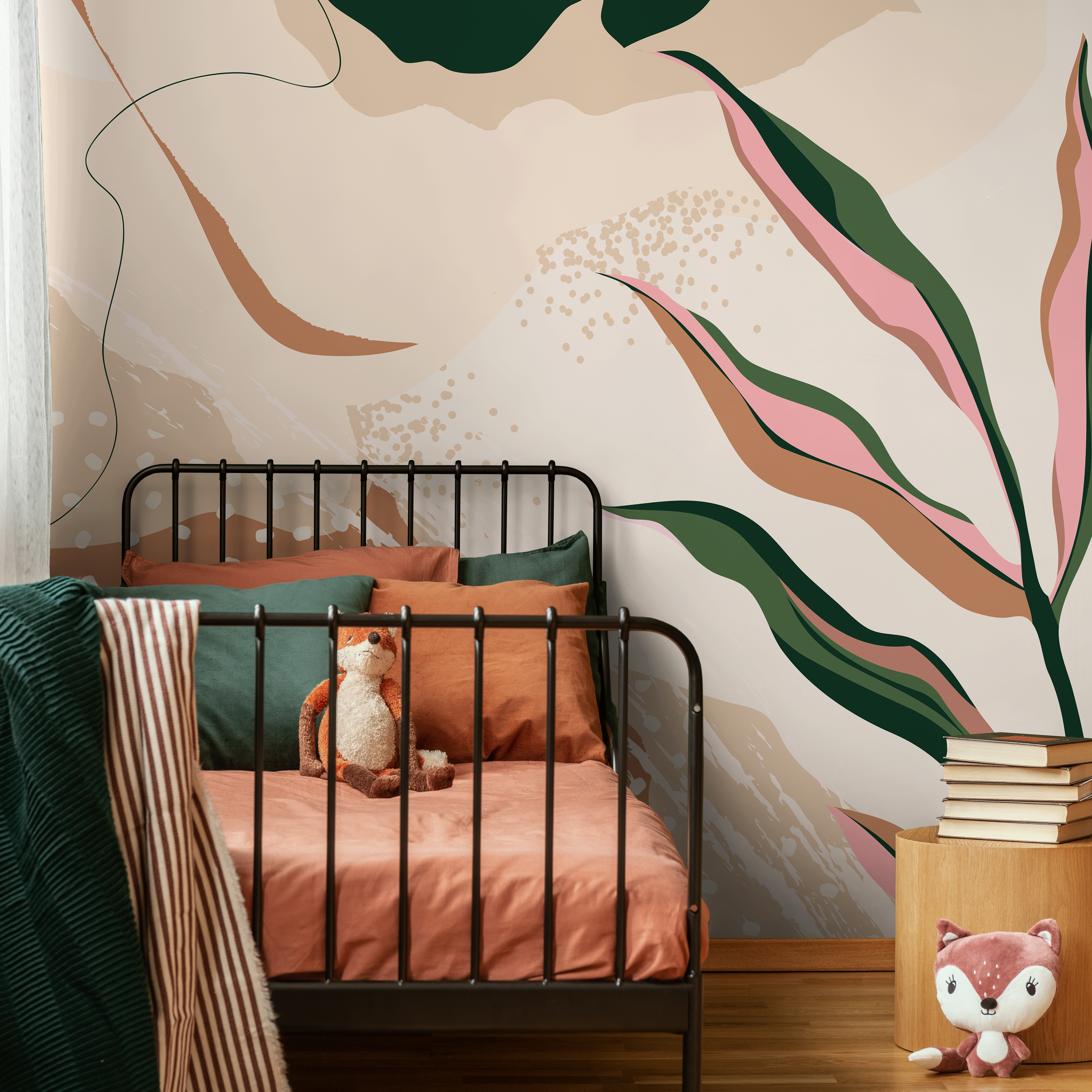 Abstract Wallpaper With Botanical Shapes In Terracotta, Green, And Pink - C055
