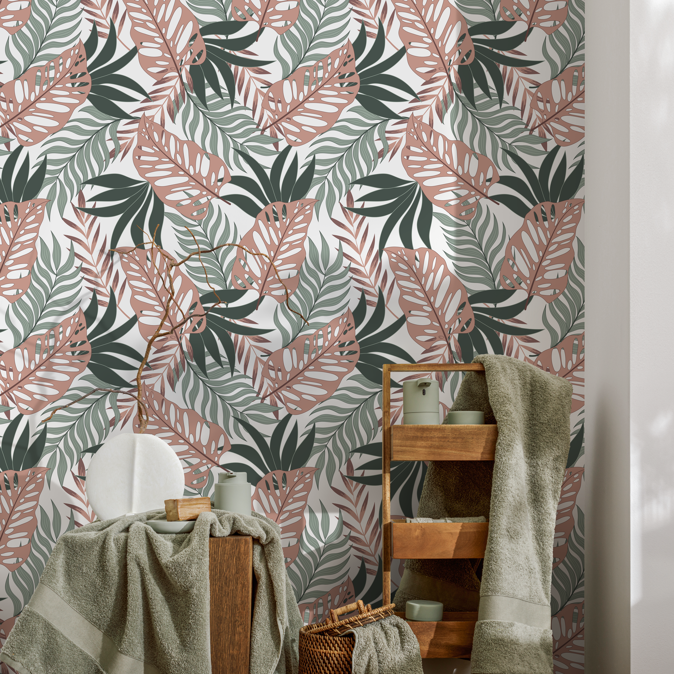Tropical Wallpaper With Overlapping Monstera Leaves In Pink, Sage, And Dark Green - C057