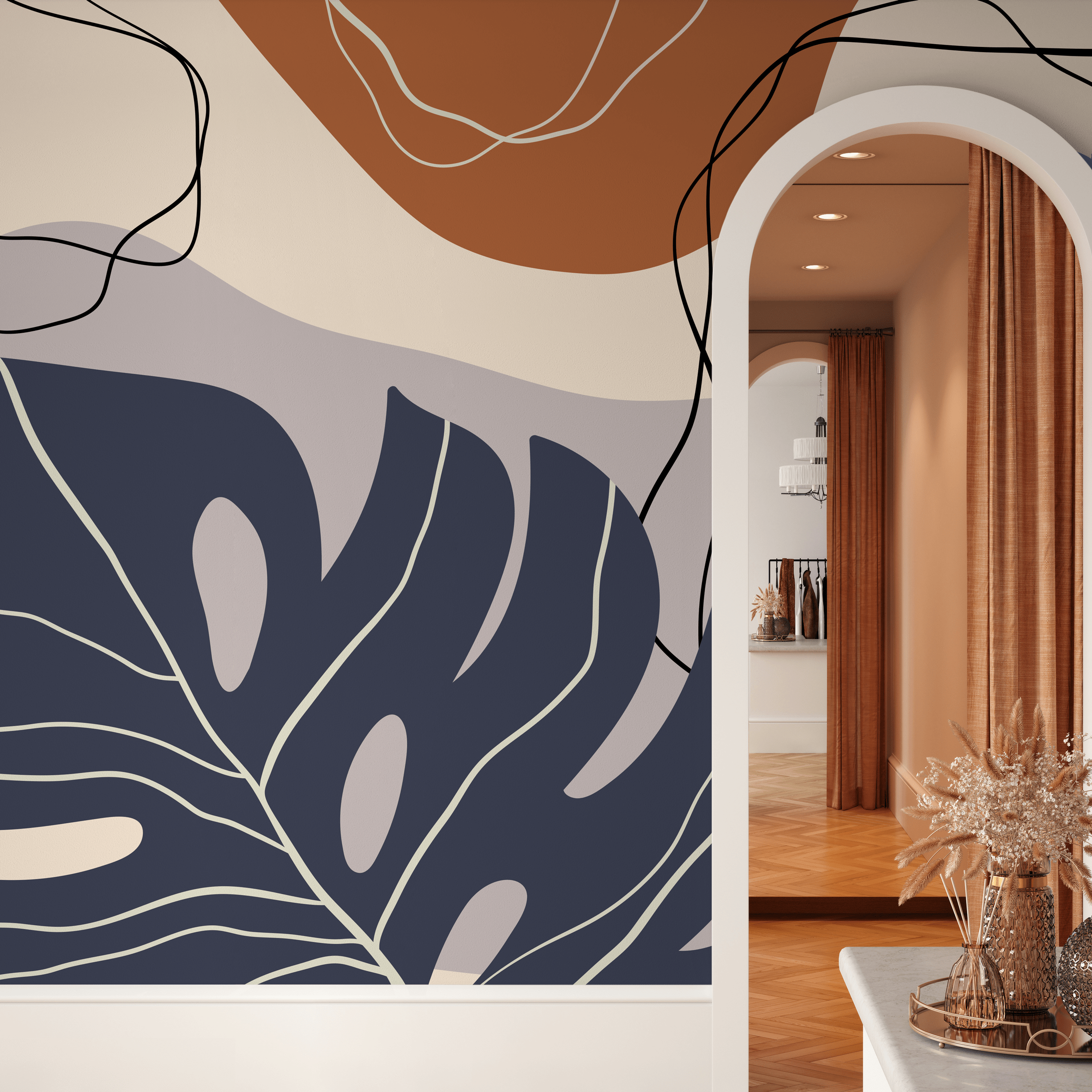 Abstract Wallpaper With A Botanical Motif In Navy, Brown, And Taupe - C058