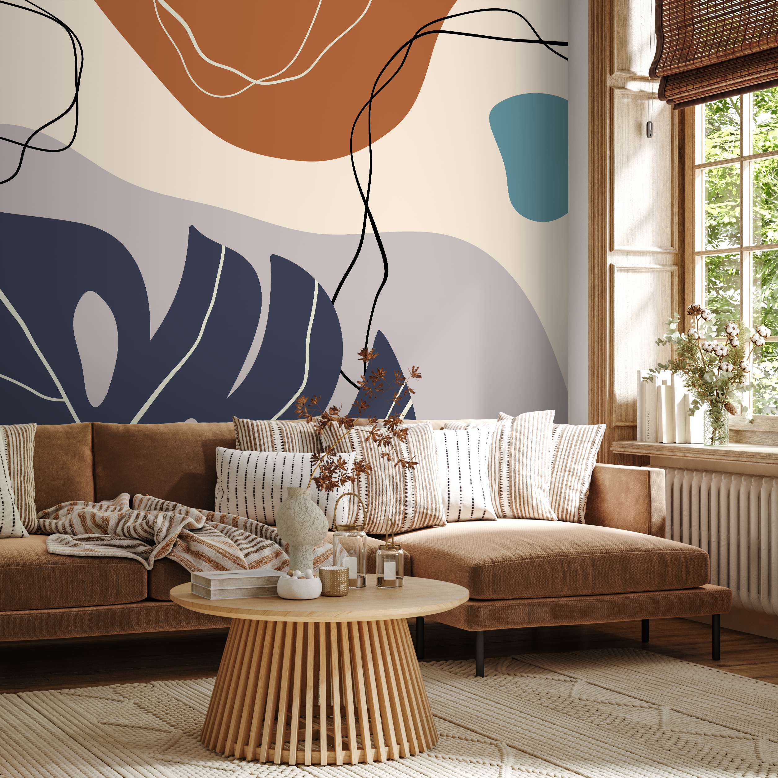 Abstract Wallpaper With A Botanical Motif In Navy, Brown, And Taupe - C058