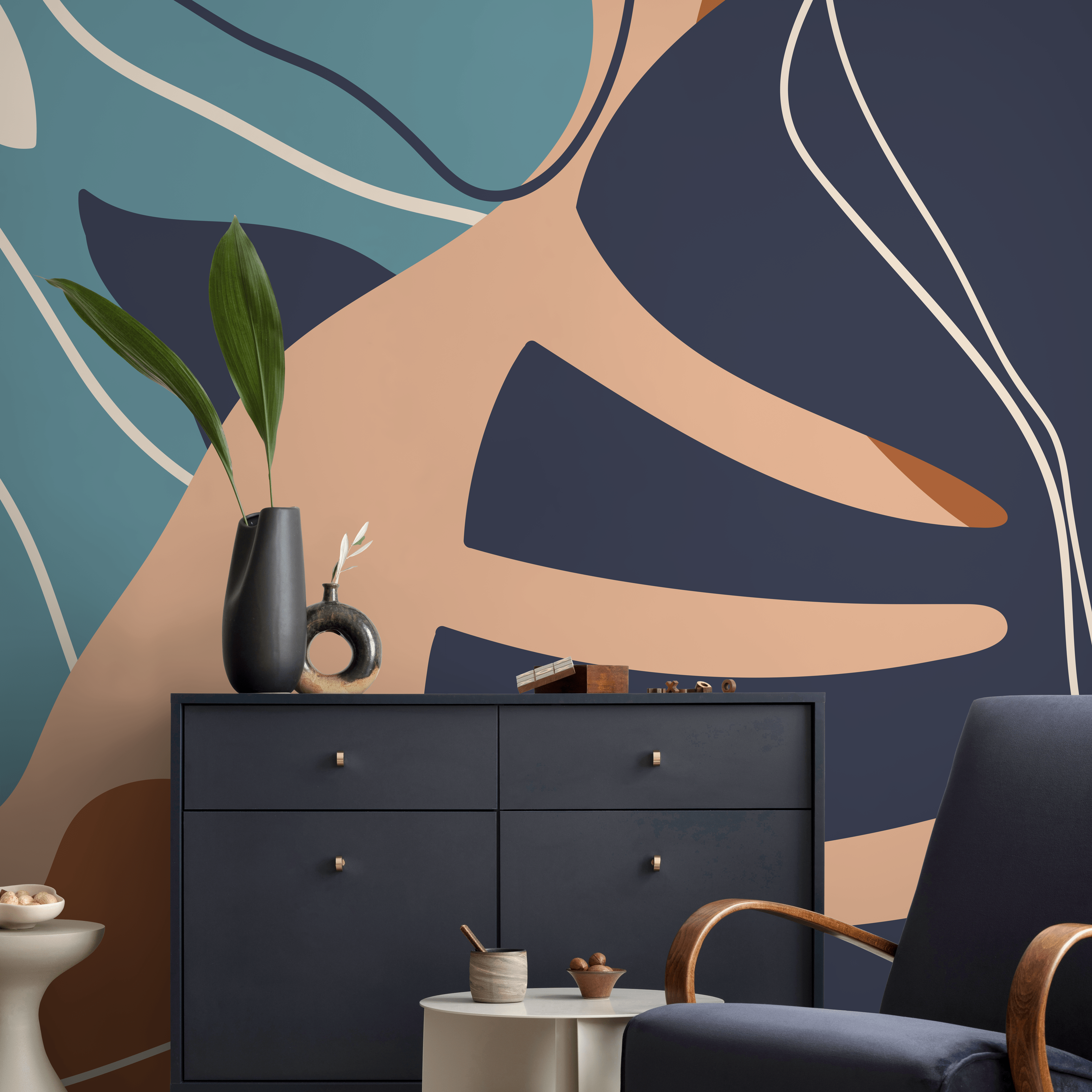 Abstract Wallpaper Featuring A Stylized Leaf In Navy Blue, Tan, And Teal - C059
