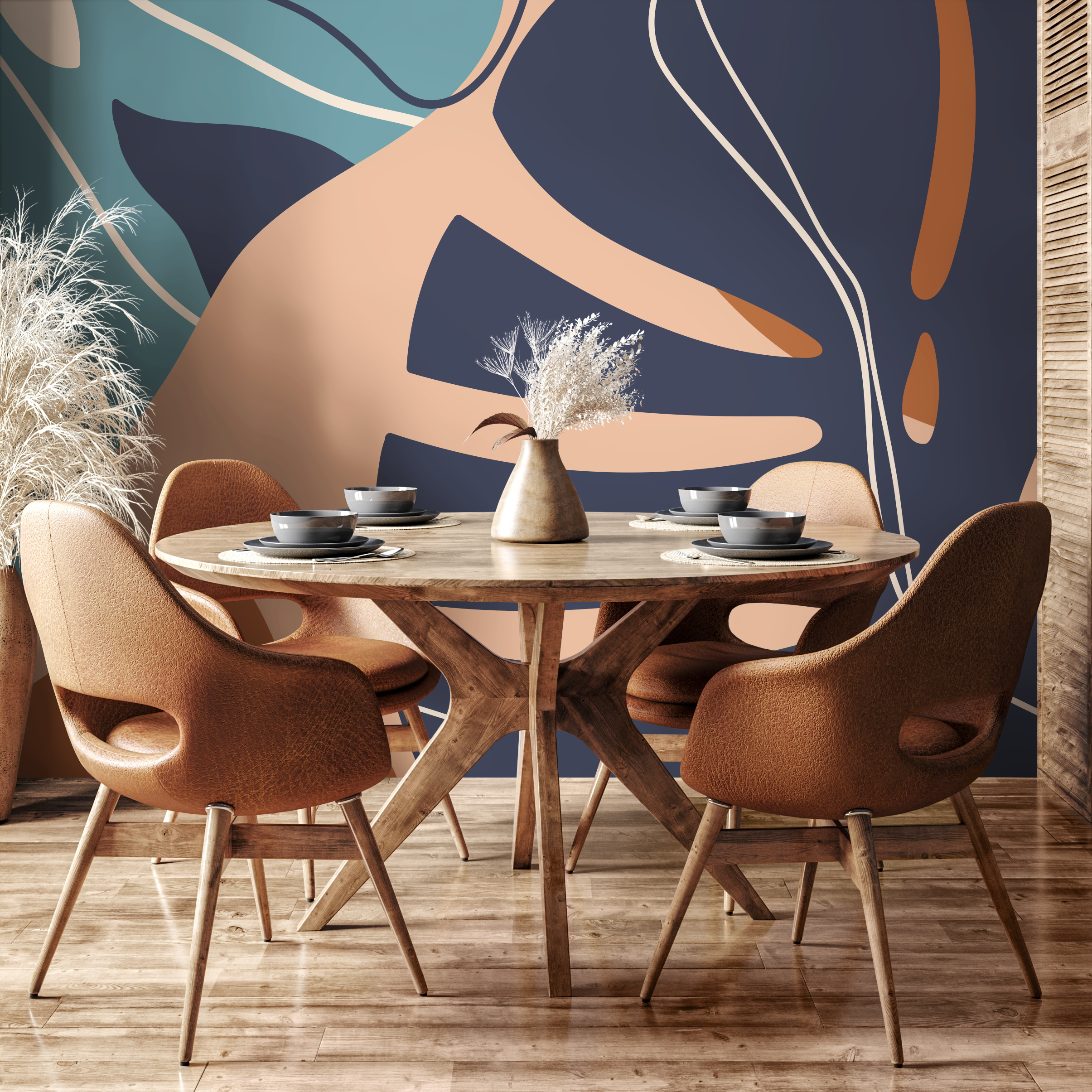 Abstract Wallpaper Featuring A Stylized Leaf In Navy Blue, Tan, And Teal - C059