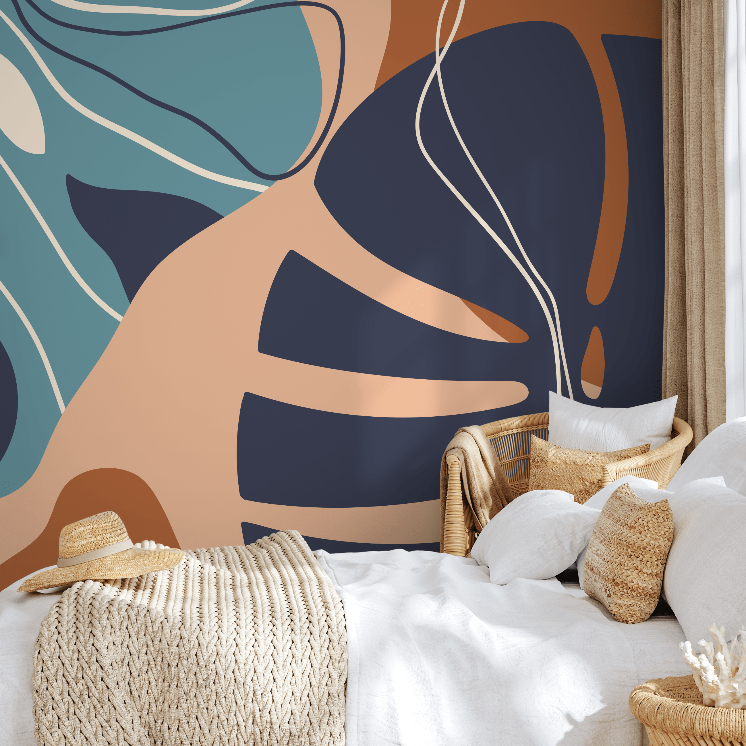 Abstract Wallpaper Featuring A Stylized Leaf In Navy Blue, Tan, And Teal - C059