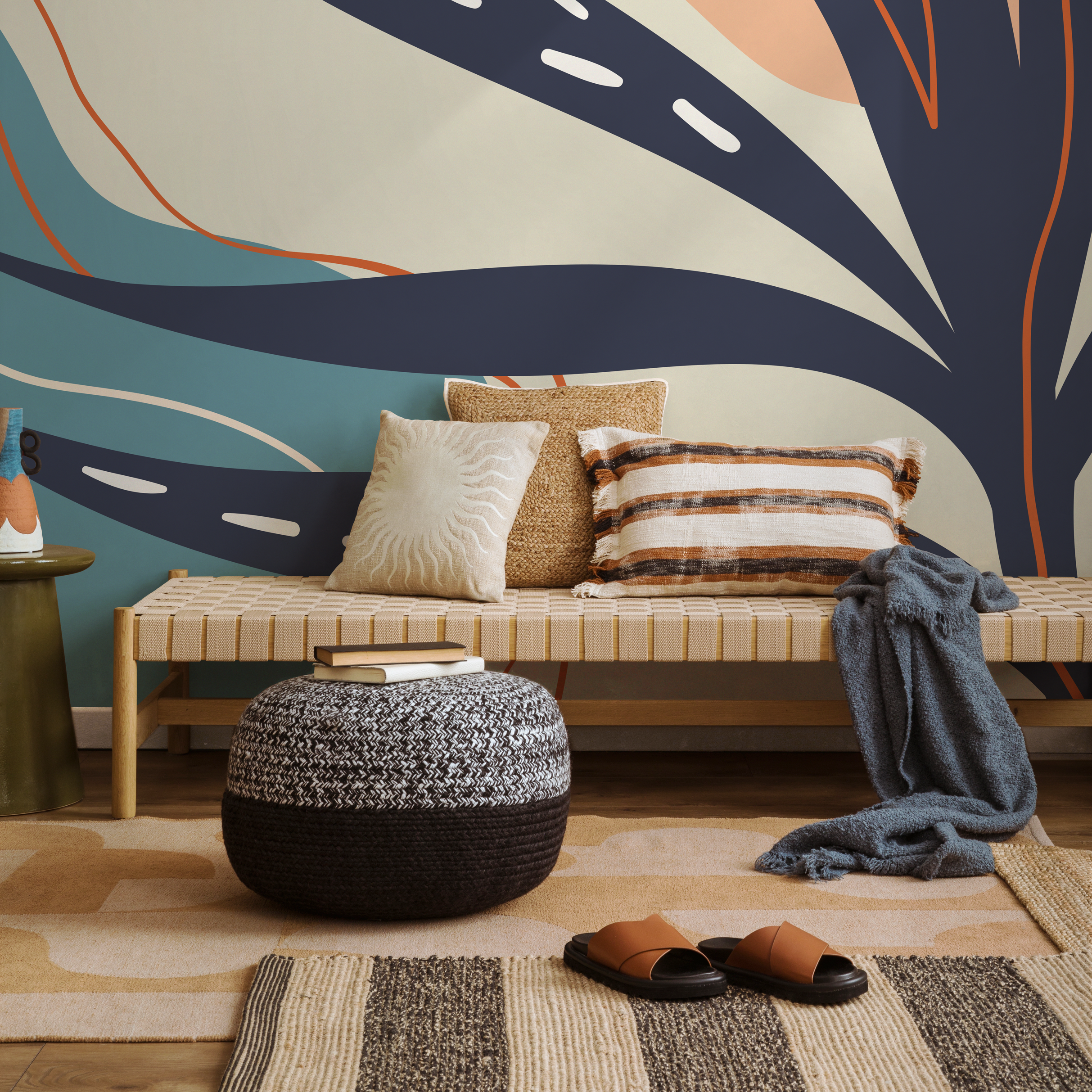 Abstract Wallpaper With Organic Leaf Shapes In Navy Blue, Teal, And Terracotta - C060