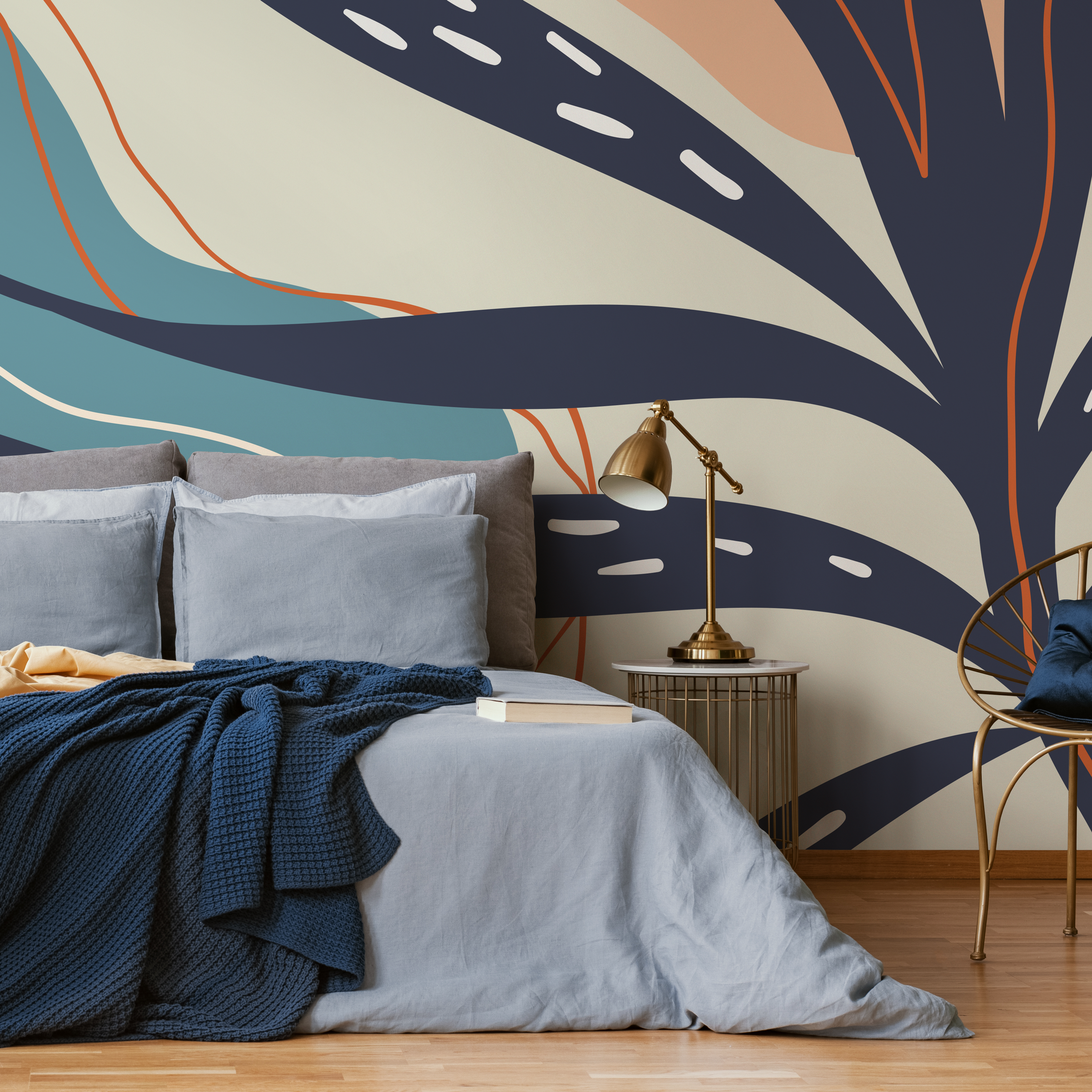 Abstract Wallpaper With Organic Leaf Shapes In Navy Blue, Teal, And Terracotta - C060
