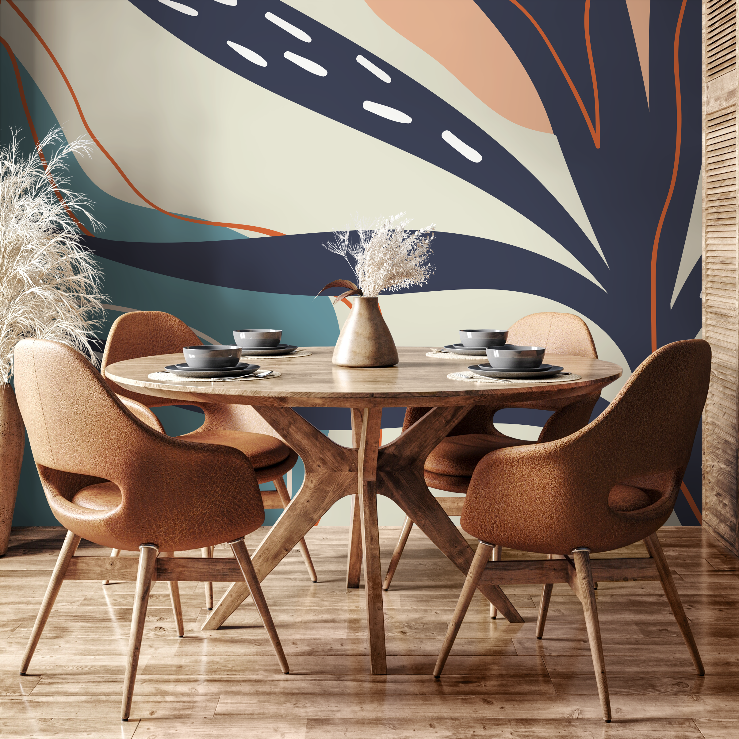 Abstract Wallpaper With Organic Leaf Shapes In Navy Blue, Teal, And Terracotta - C060
