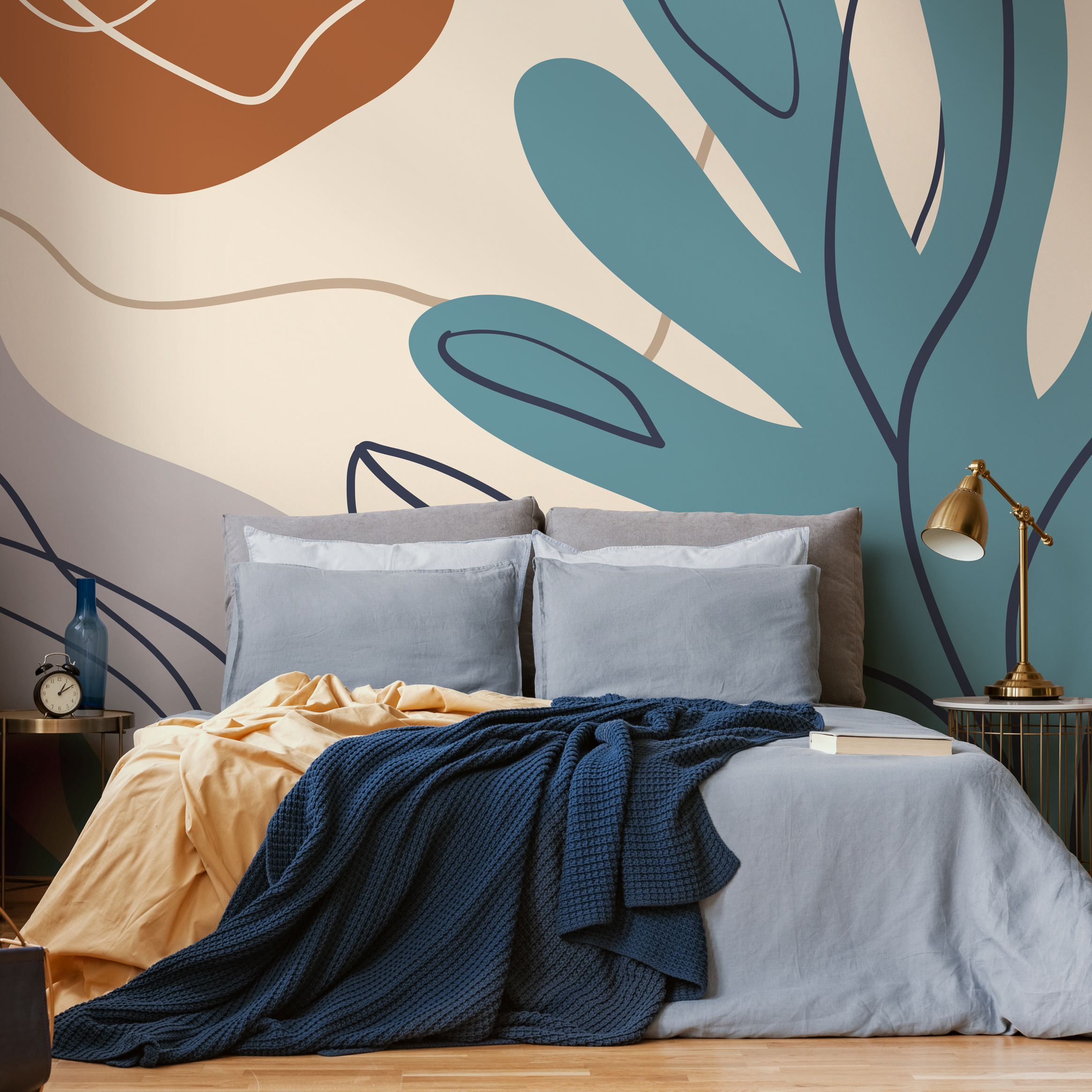 Abstract Wallpaper With Stylized Botanical Shapes In Teal And Terracotta - C061