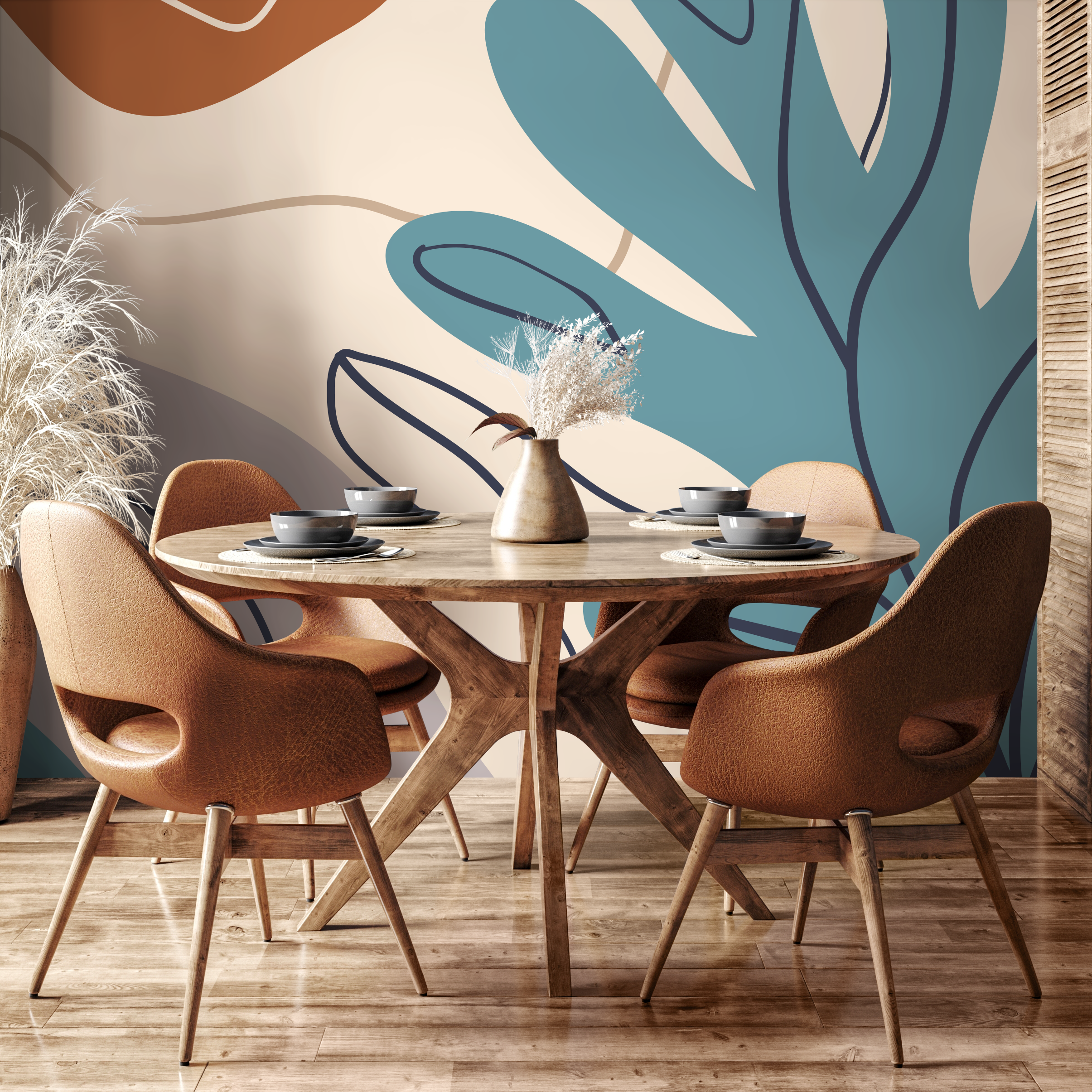 Abstract Wallpaper With Stylized Botanical Shapes In Teal And Terracotta - C061