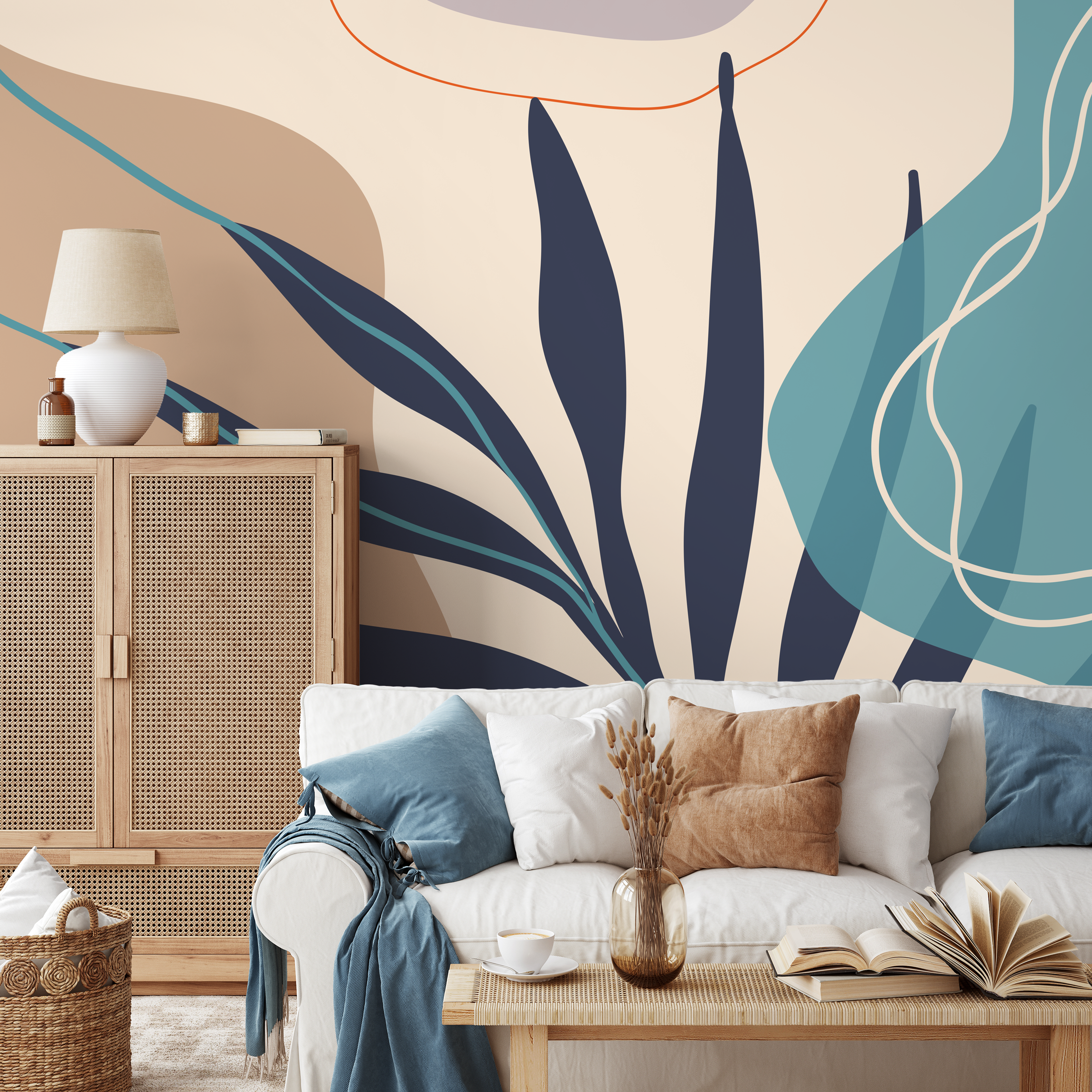 Abstract Wallpaper With Modern Botanical Forms In Navy Blue, Teal, And Beige - C062