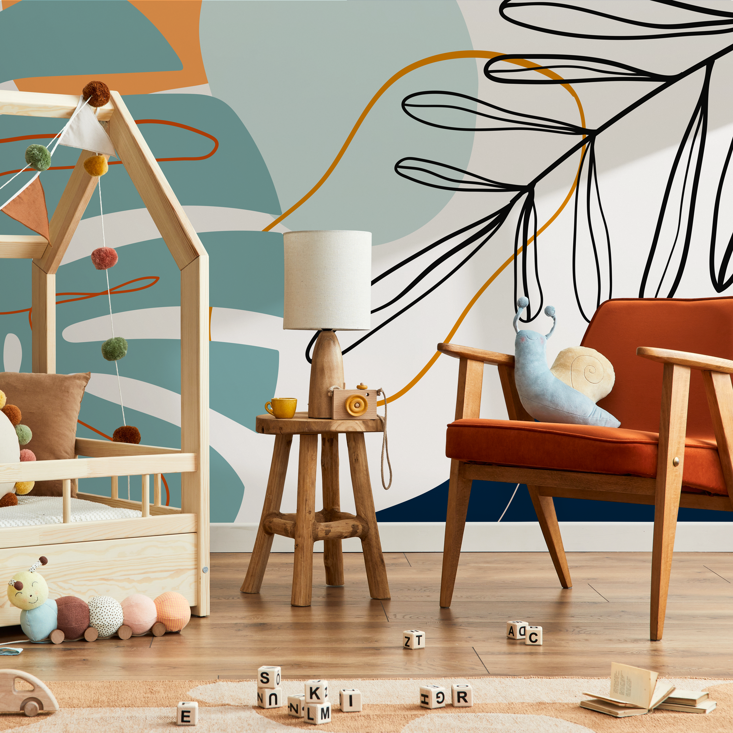 Abstract Wallpaper With Botanical Line Art And Shapes In Teal, Orange, And Blue - C063