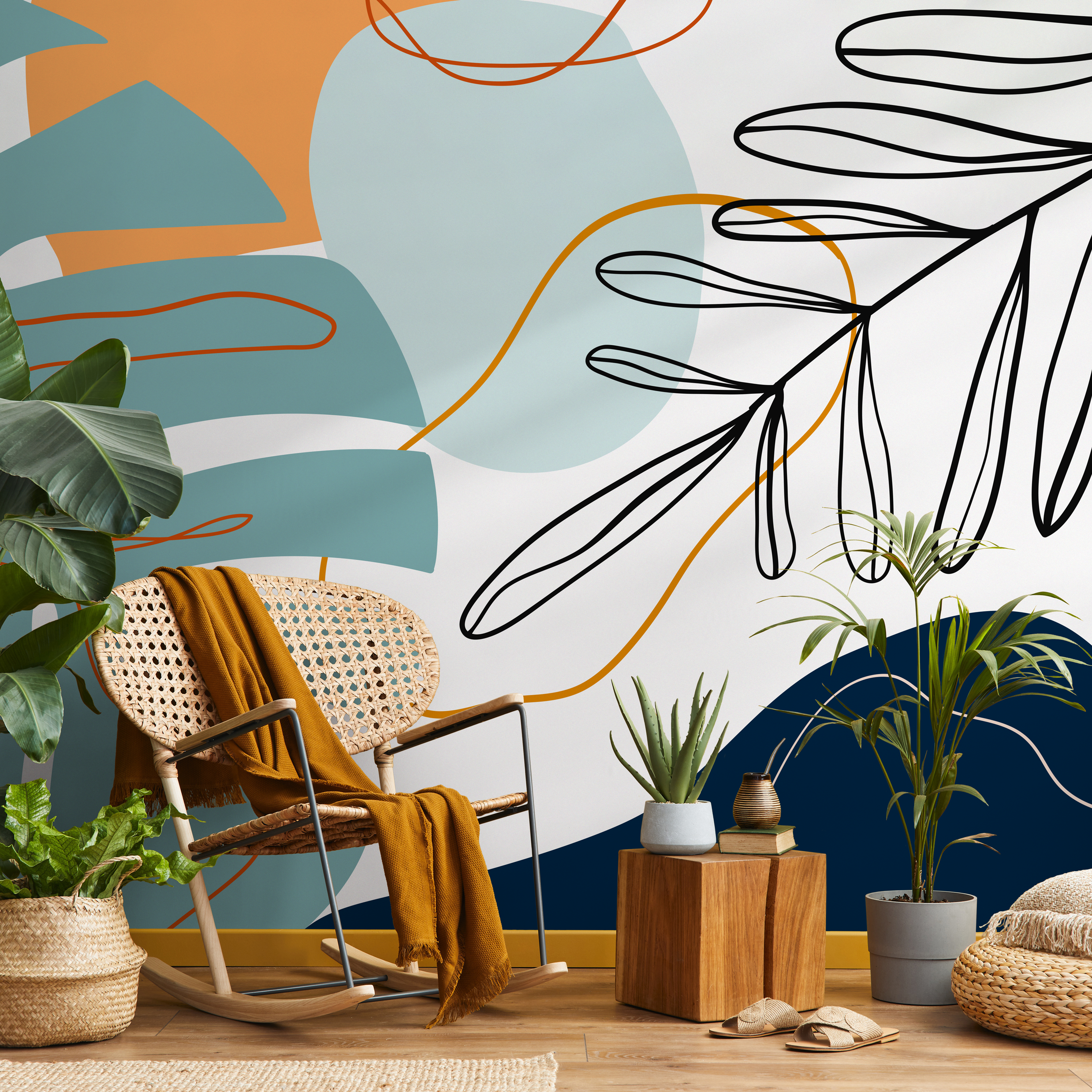 Abstract Wallpaper With Botanical Line Art And Shapes In Teal, Orange, And Blue - C063