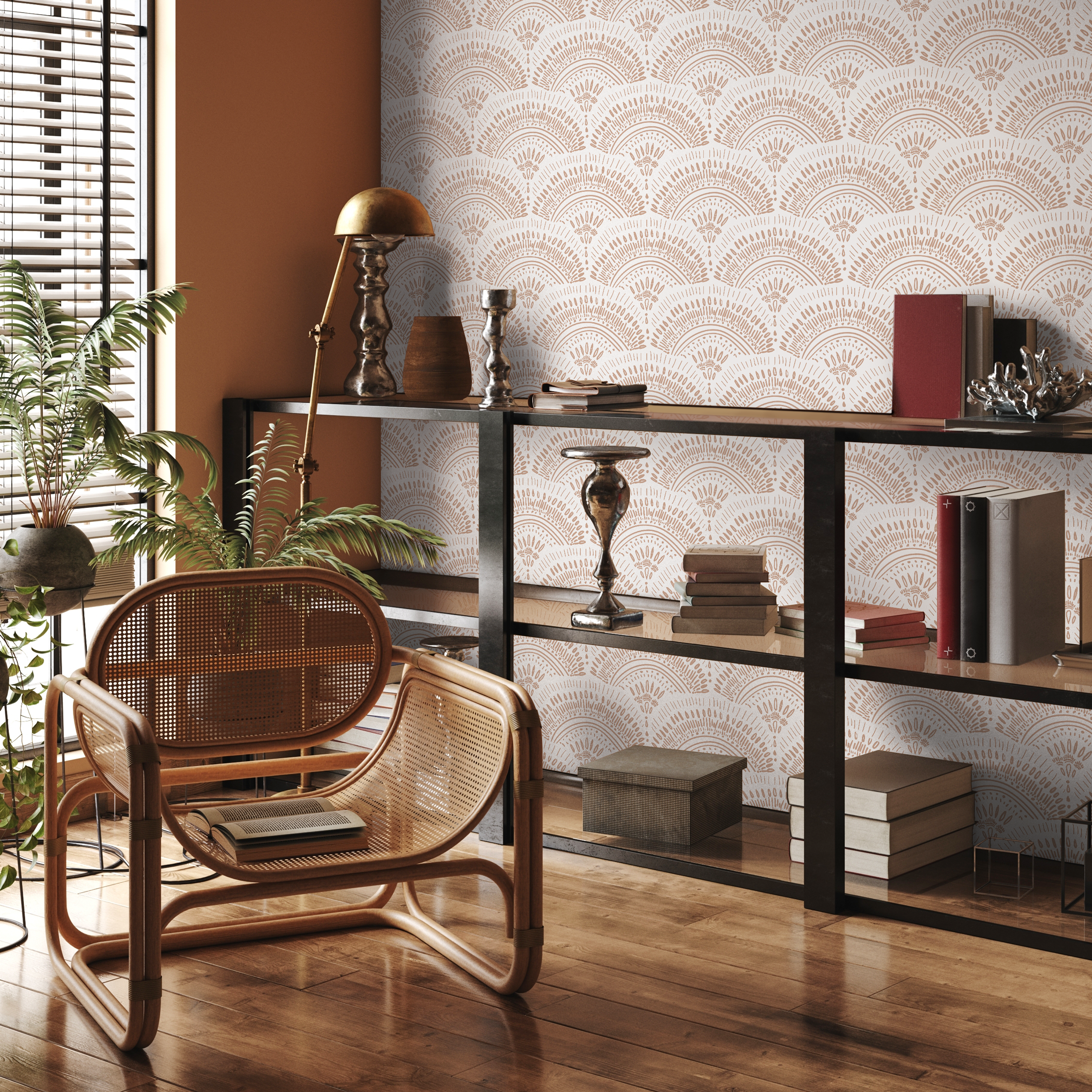 Boho Wallpaper With An Intricate Scalloped Fan Motif In Tan - C066
