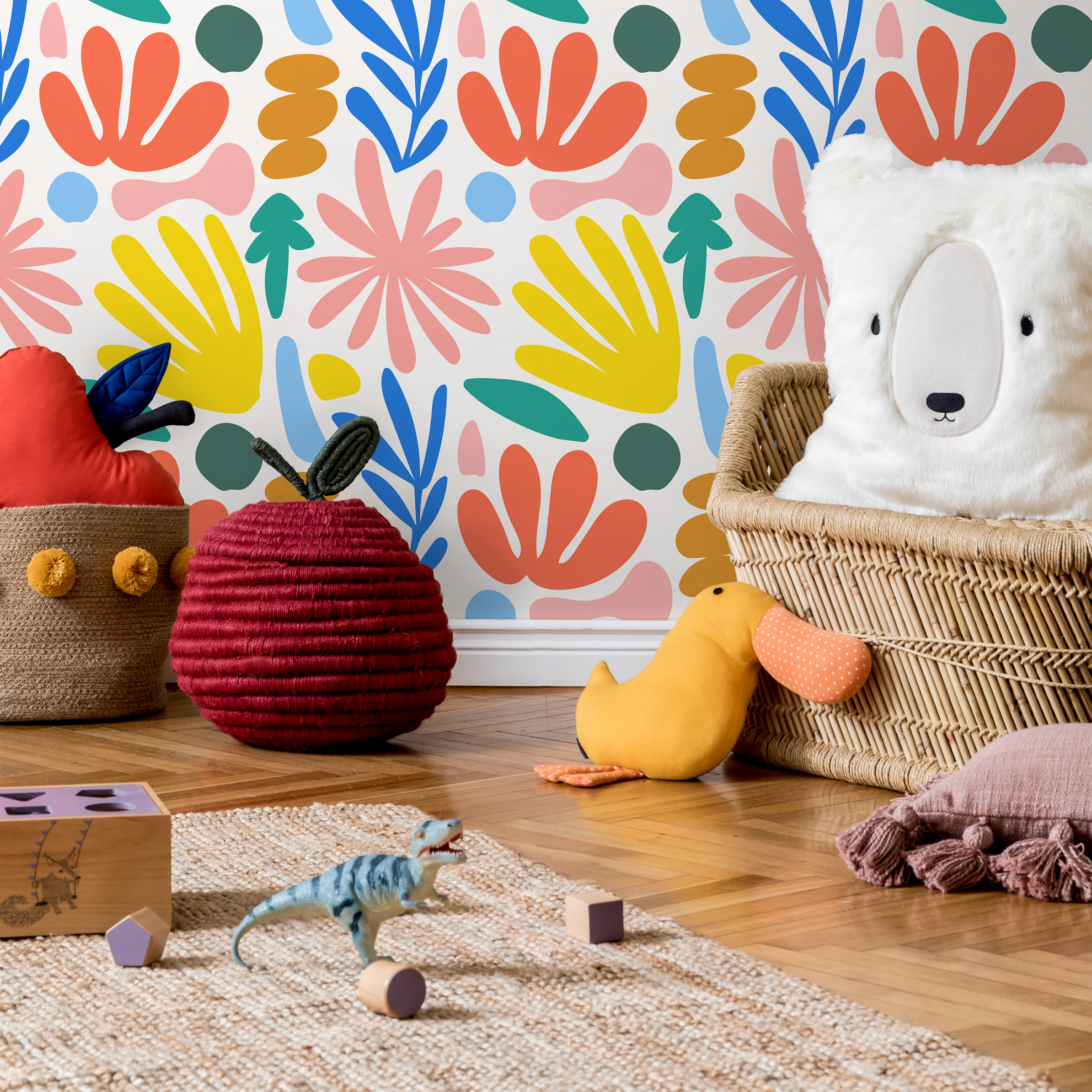 Abstract Floral Wallpaper With Colorful Organic Shapes In Yellow, Blue, And Orange - C067