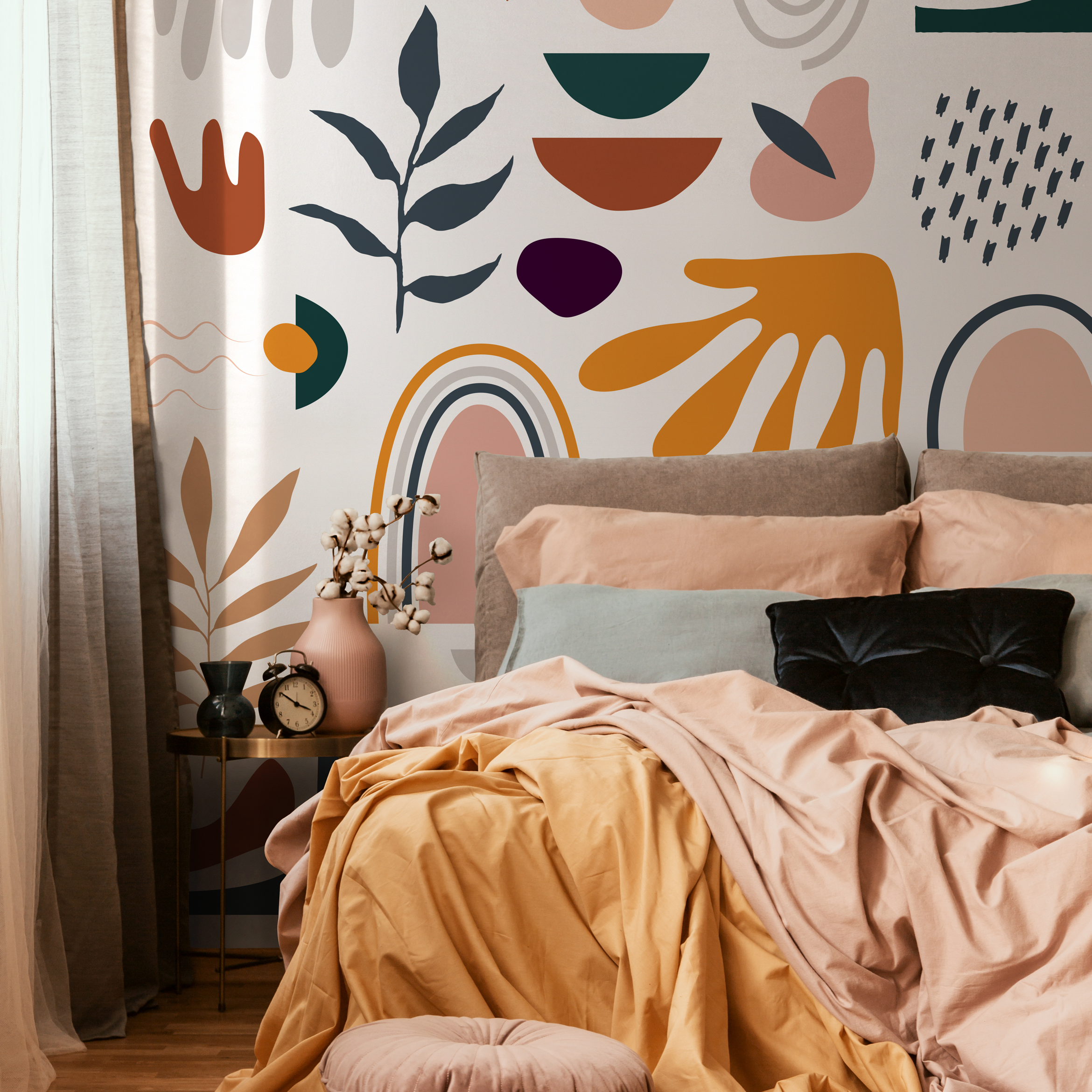 Abstract Wallpaper With Geometric And Organic Shapes In Mustard, Terracotta, And Teal - C069