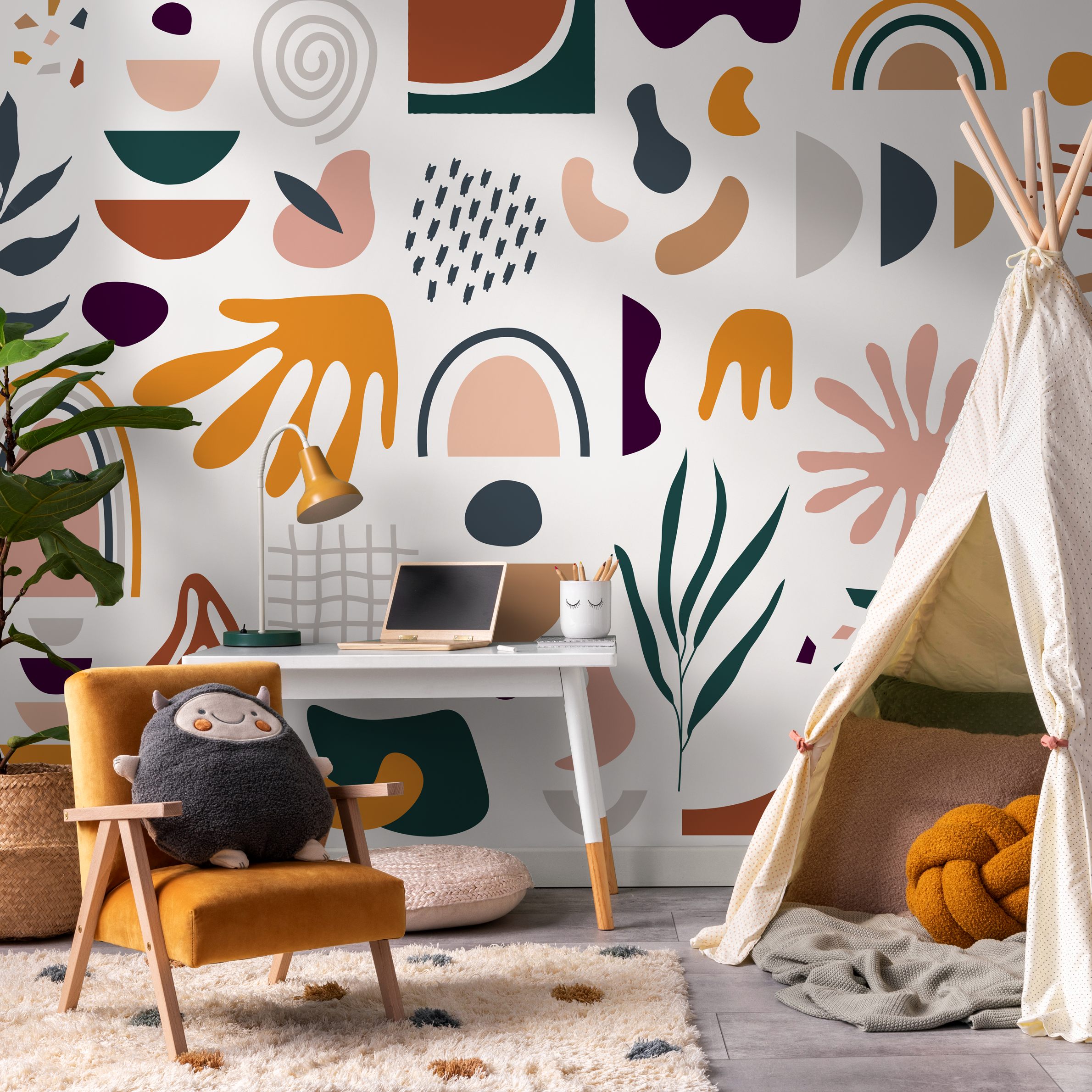 Abstract Wallpaper With Geometric And Organic Shapes In Mustard, Terracotta, And Teal - C069