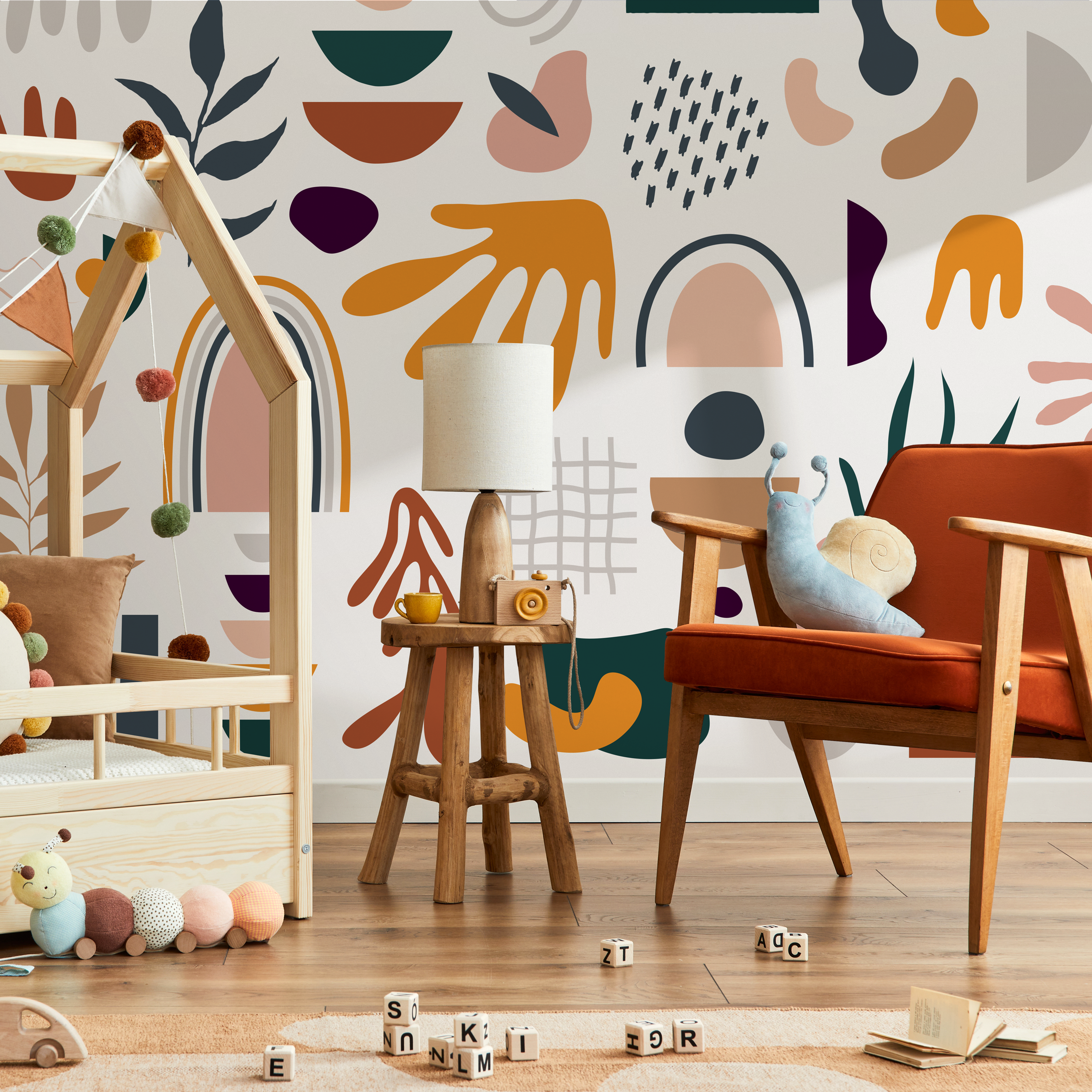 Abstract Wallpaper With Geometric And Organic Shapes In Mustard, Terracotta, And Teal - C069