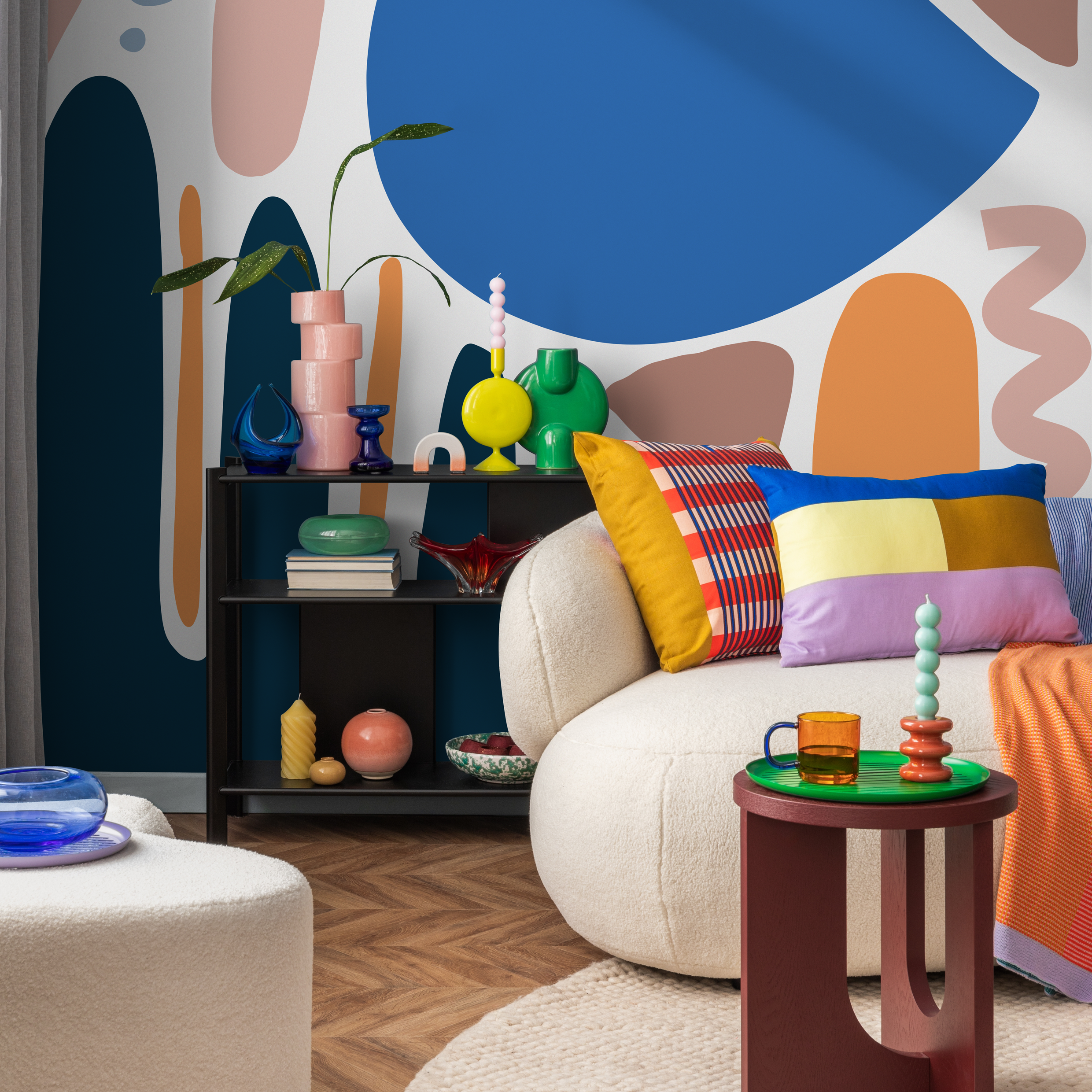 Abstract Wallpaper With Large Organic Shapes In Blue, Orange, And Pink - C072