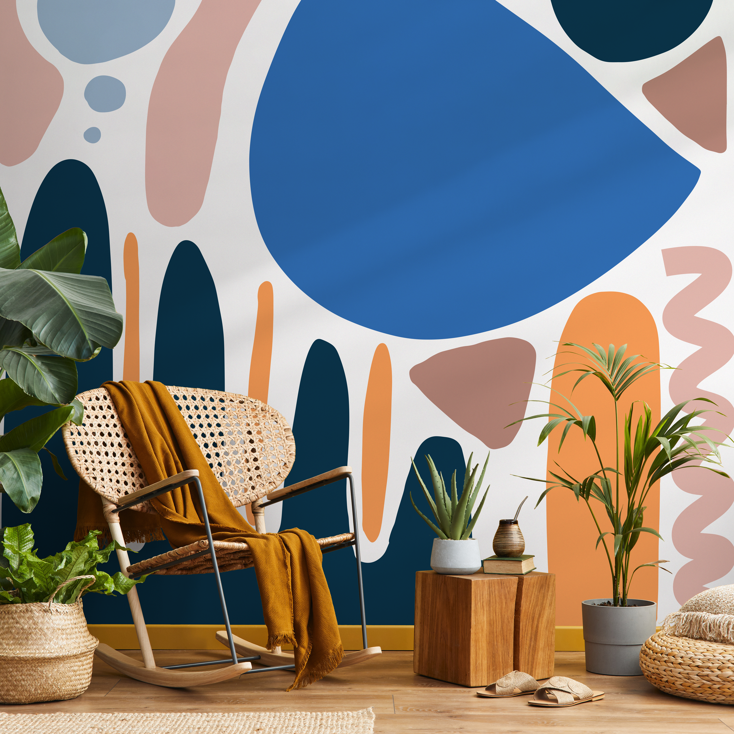Abstract Wallpaper With Large Organic Shapes In Blue, Orange, And Pink - C072