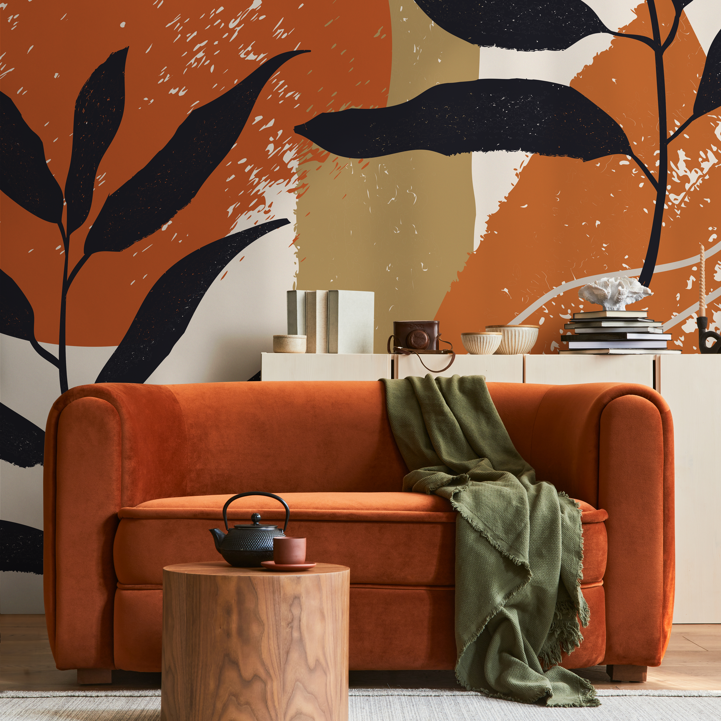 Abstract Wallpaper With Botanical Silhouettes In Terracotta, Black, And Tan - C073