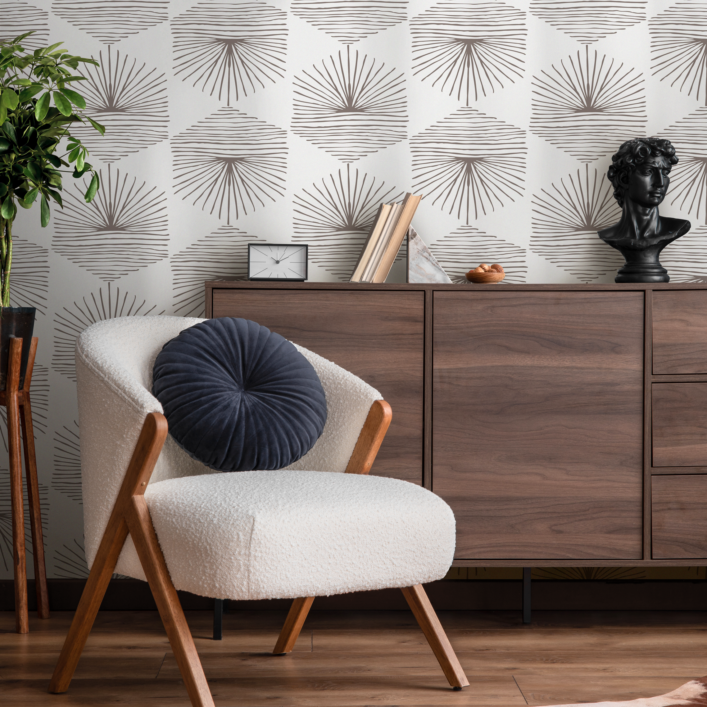 Geometric Wallpaper With Hand-drawn Fan Motifs In Taupe - C074