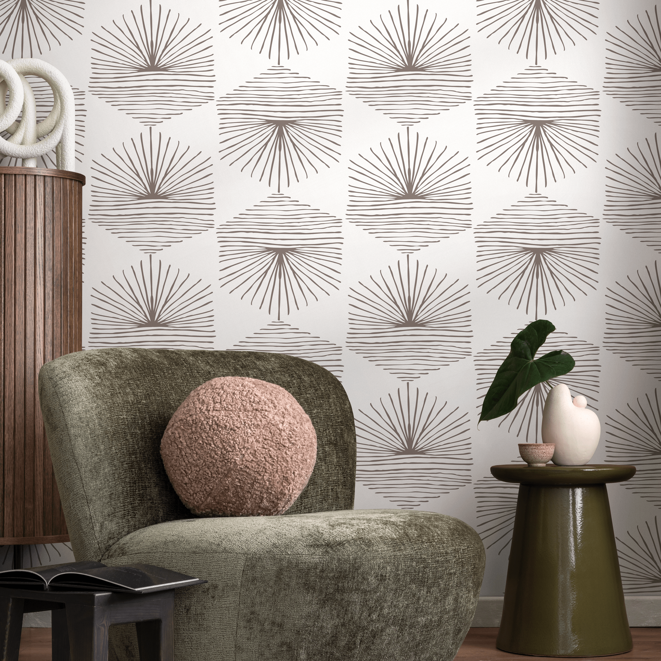 Geometric Wallpaper With Hand-drawn Fan Motifs In Taupe - C074