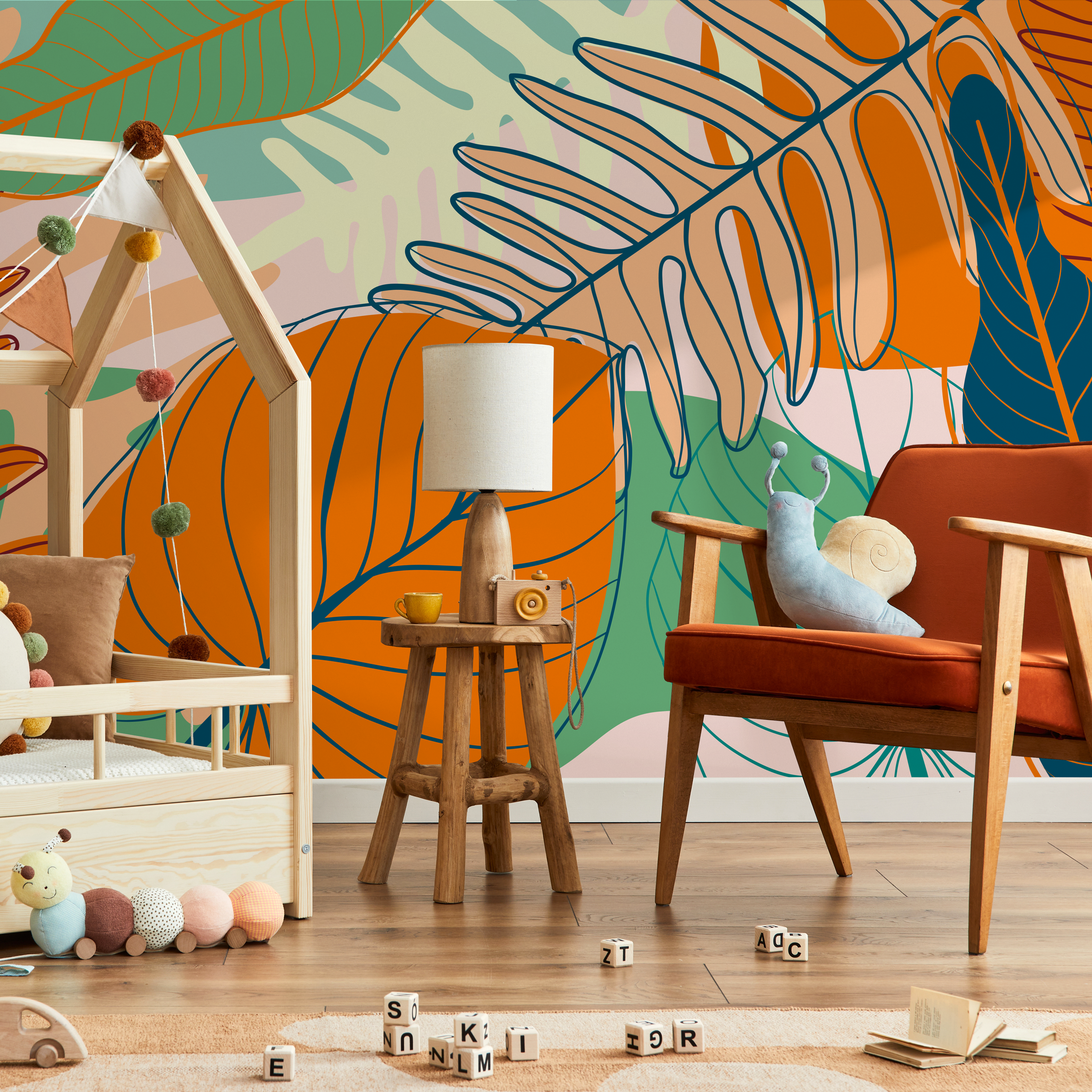 Tropical Wallpaper With Stylized Leaves In Orange, Green, And Teal - C075