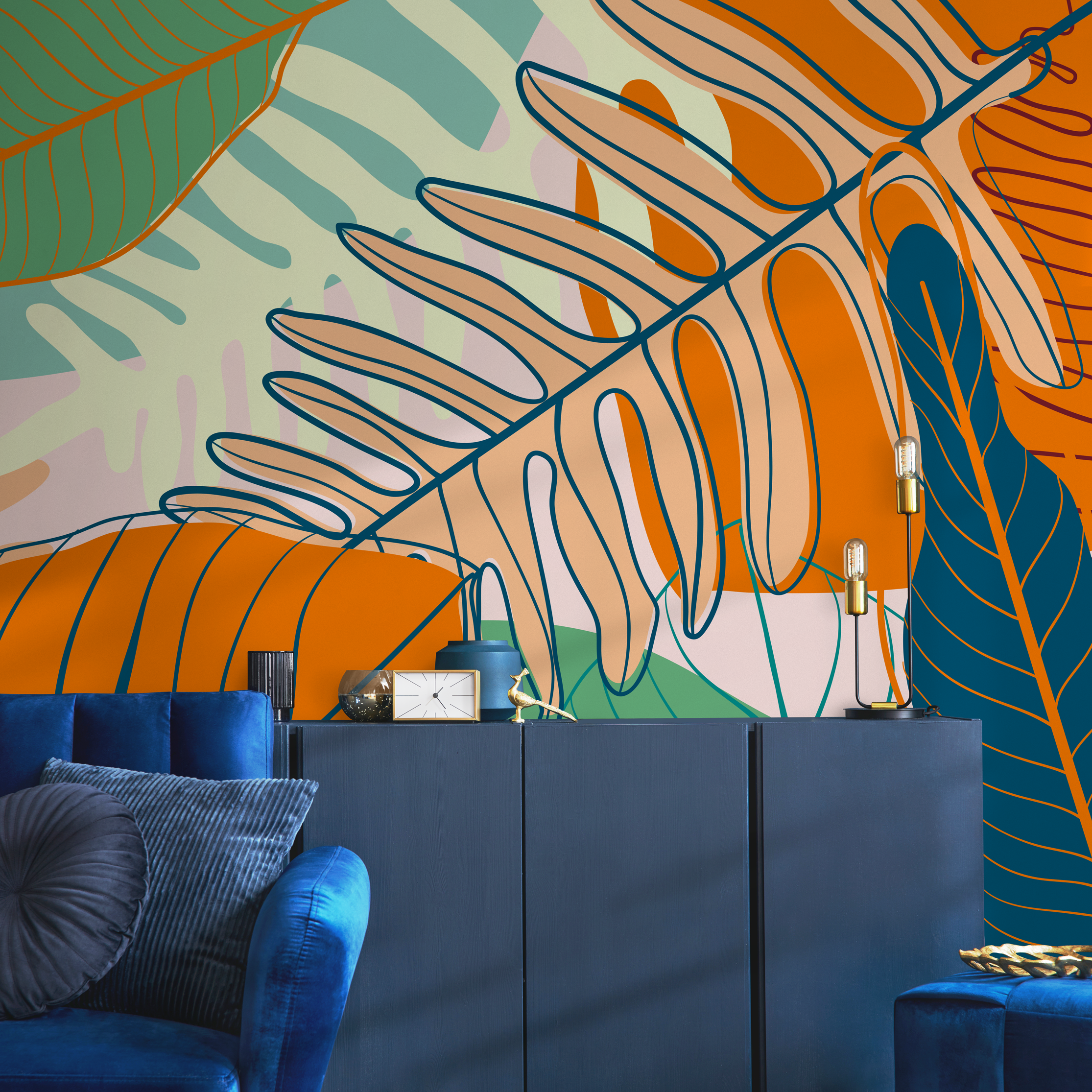 Tropical Wallpaper With Stylized Leaves In Orange, Green, And Teal - C075
