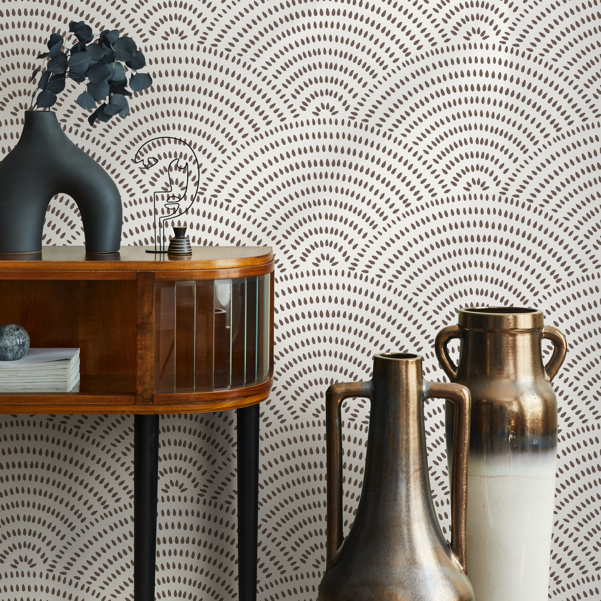 Geometric Wallpaper With An Arched Dot Pattern In Brown - C076