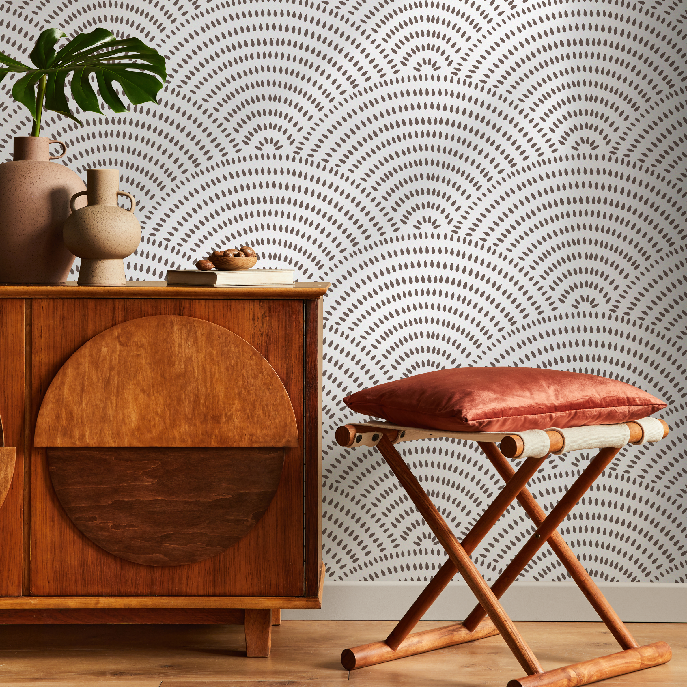 Geometric Wallpaper With An Arched Dot Pattern In Brown - C076