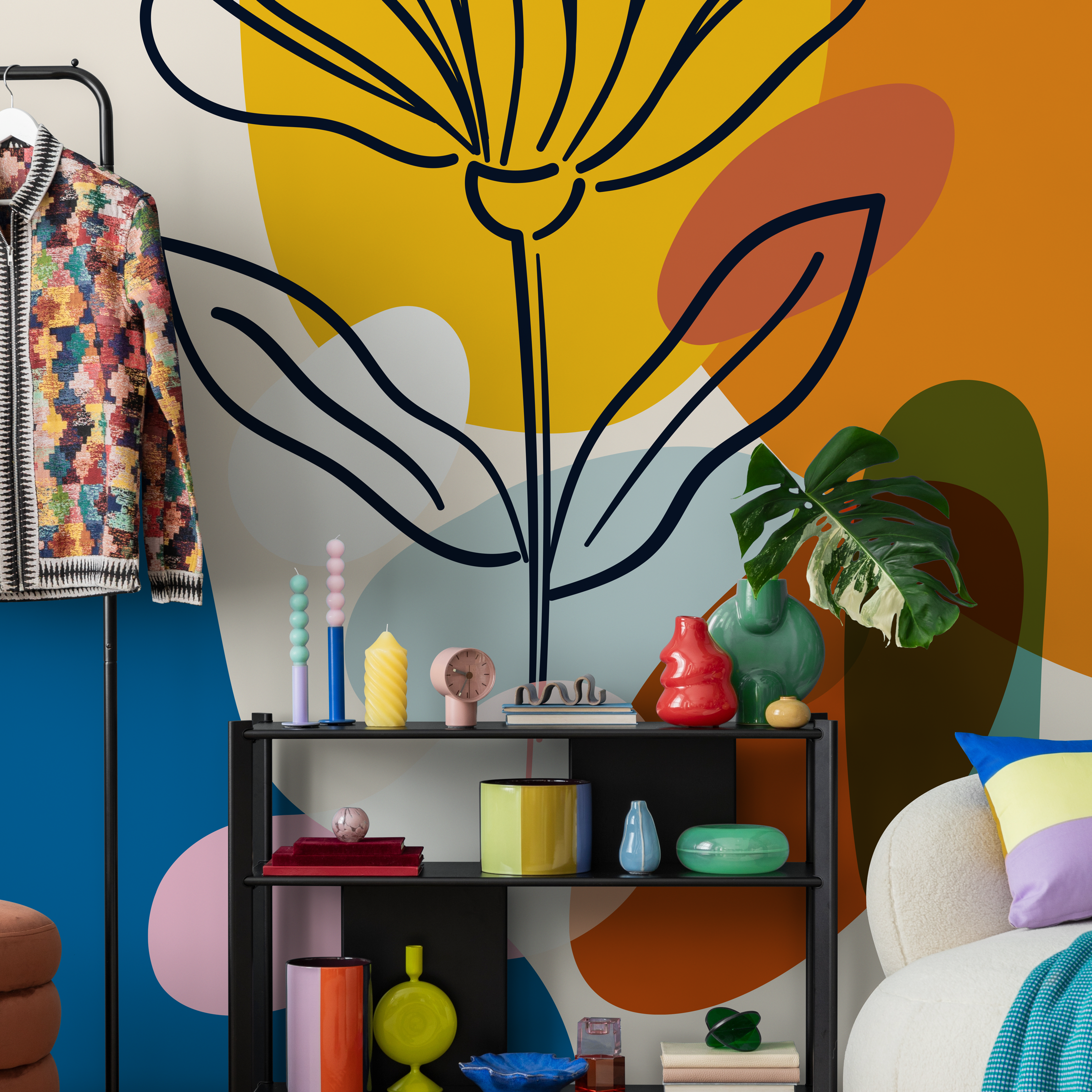 Abstract Wallpaper With A Bold Line Art Flower In Yellow, Orange, And Blue - C077