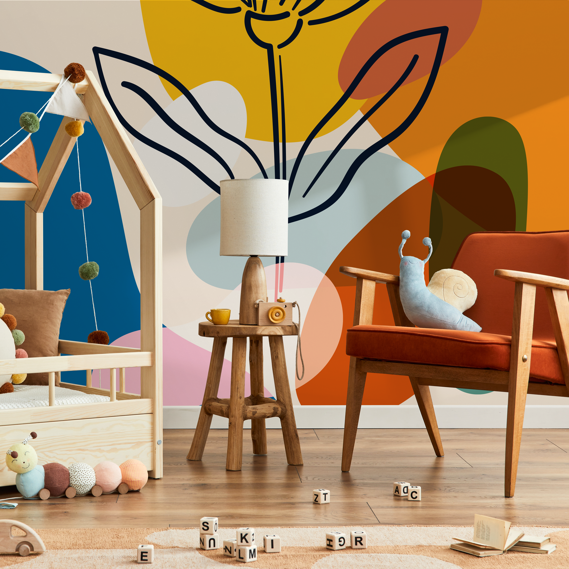 Abstract Wallpaper With A Bold Line Art Flower In Yellow, Orange, And Blue - C077