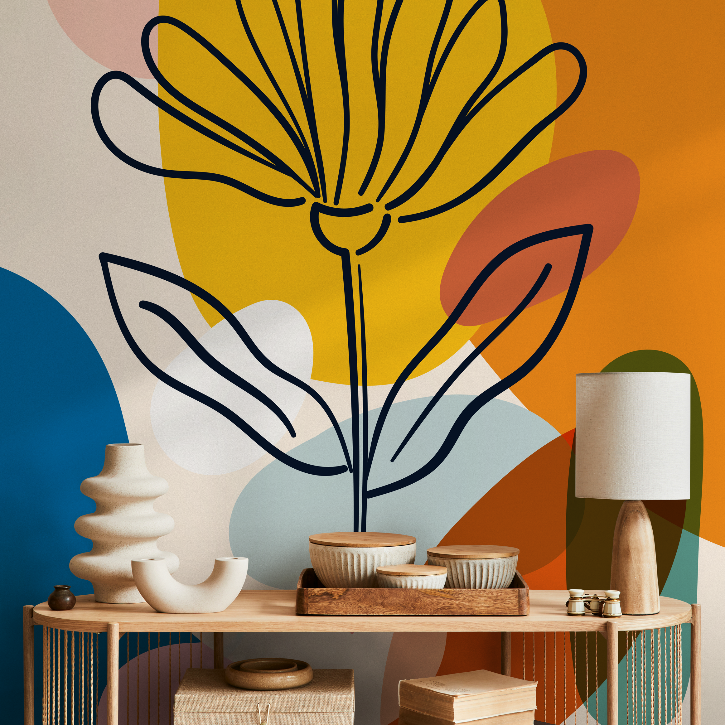 Abstract Wallpaper With A Bold Line Art Flower In Yellow, Orange, And Blue - C077