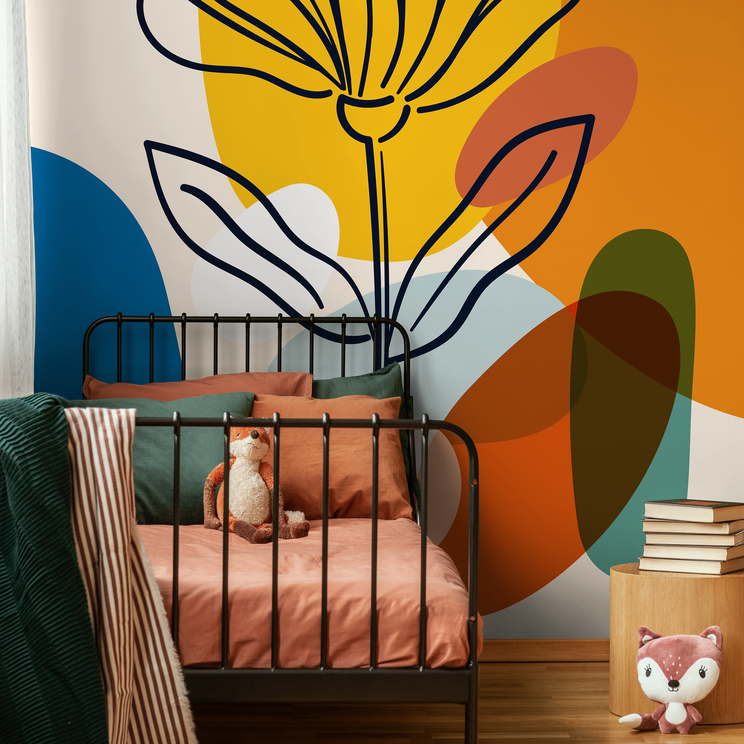 Abstract Wallpaper With A Bold Line Art Flower In Yellow, Orange, And Blue - C077