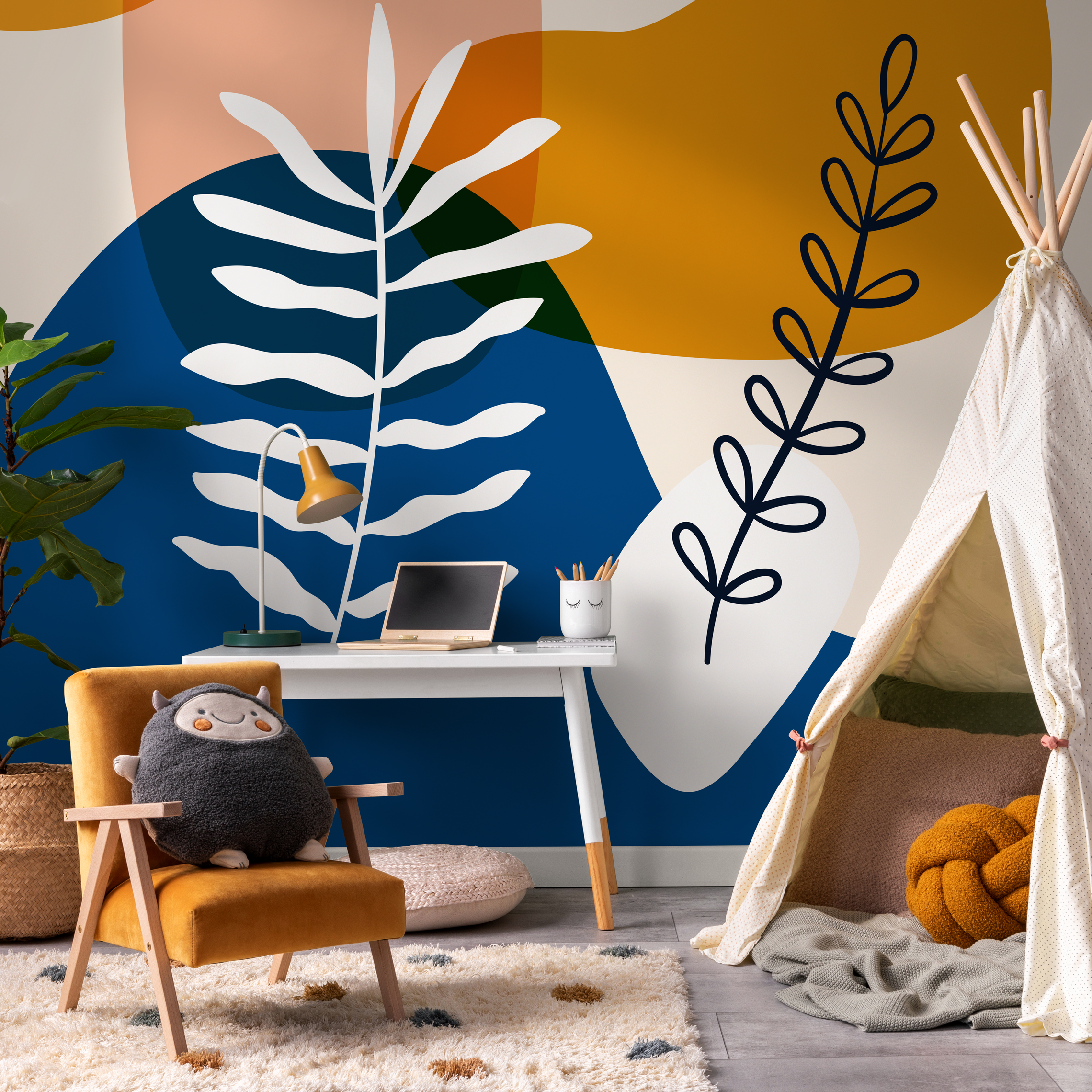 Abstract Wallpaper With Botanical Motifs In Navy Blue, Mustard, And Terracotta - C078