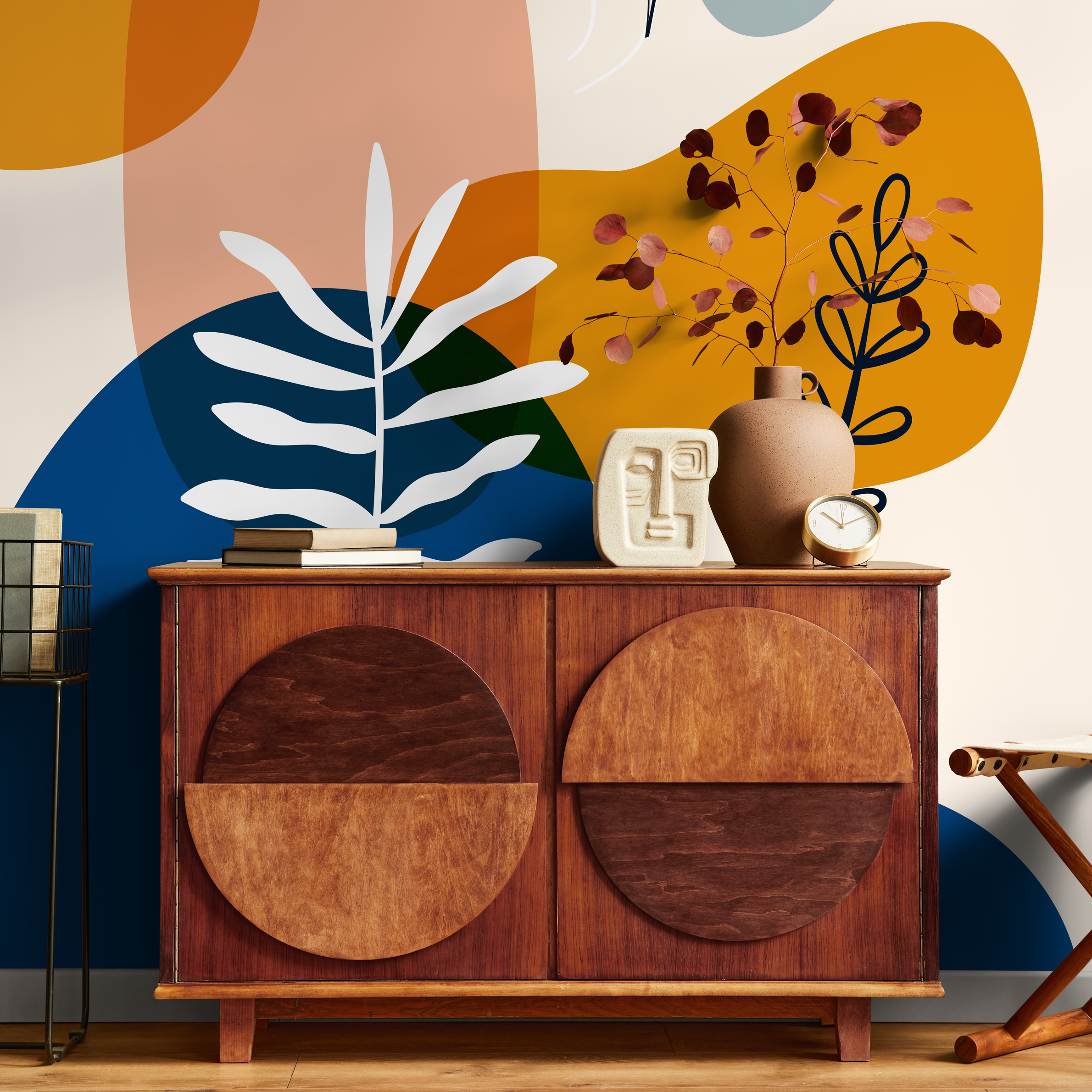 Abstract Wallpaper With Botanical Motifs In Navy Blue, Mustard, And Terracotta - C078