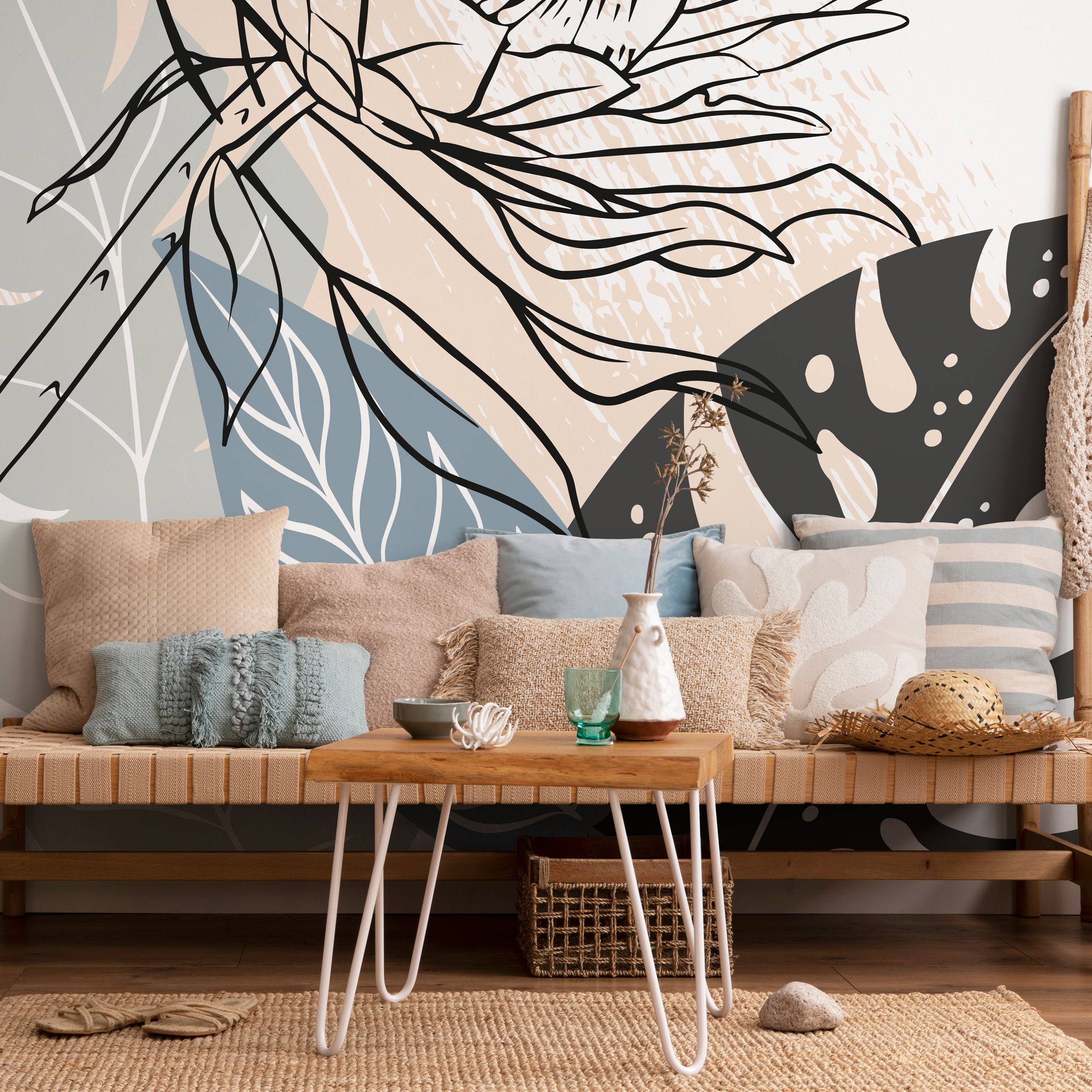 Abstract Wallpaper With Bold Floral Line Art In Black, Blue, And Beige - C079