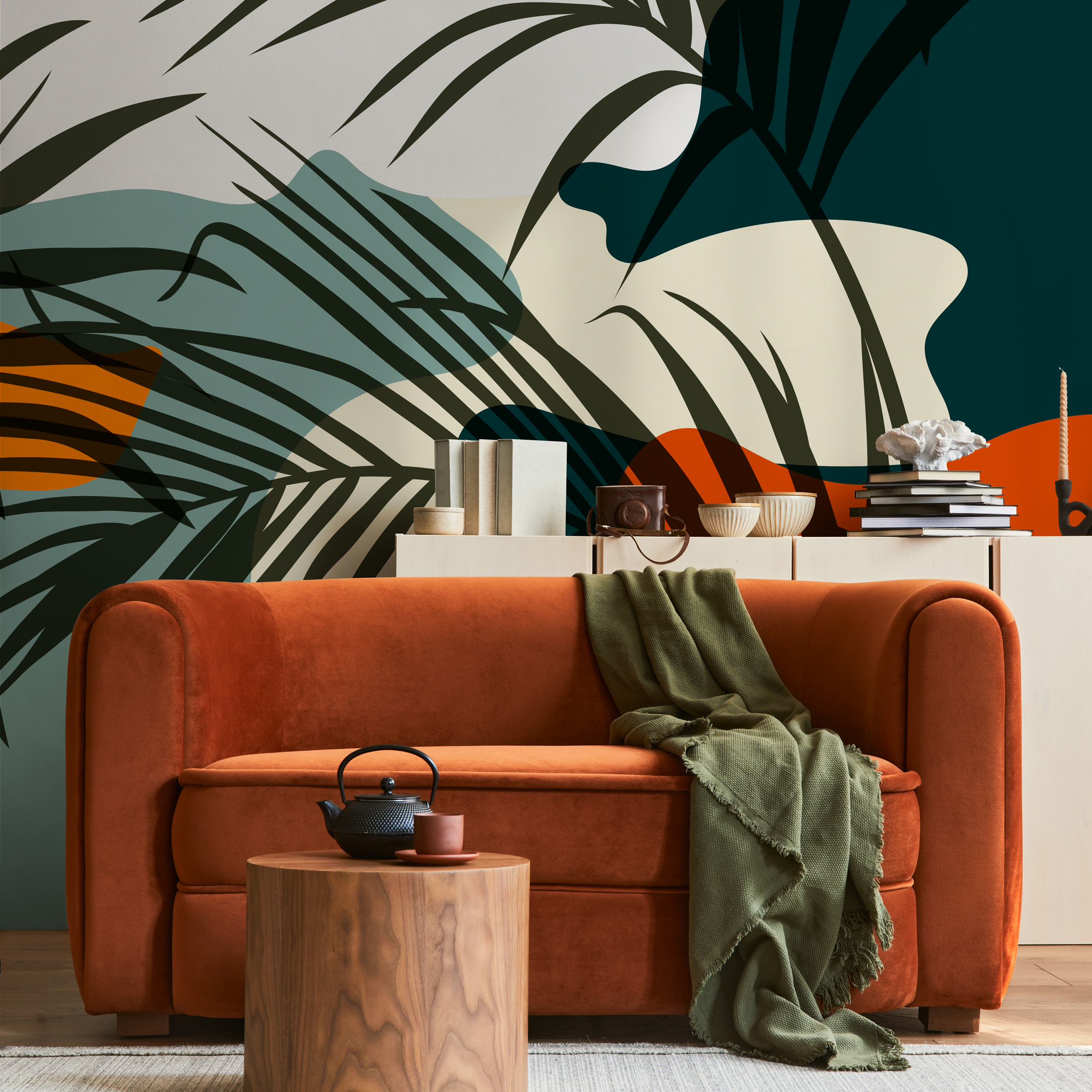 Tropical Wallpaper With Abstract Leaf Shapes In Teal, Orange, And Dark Green - C080